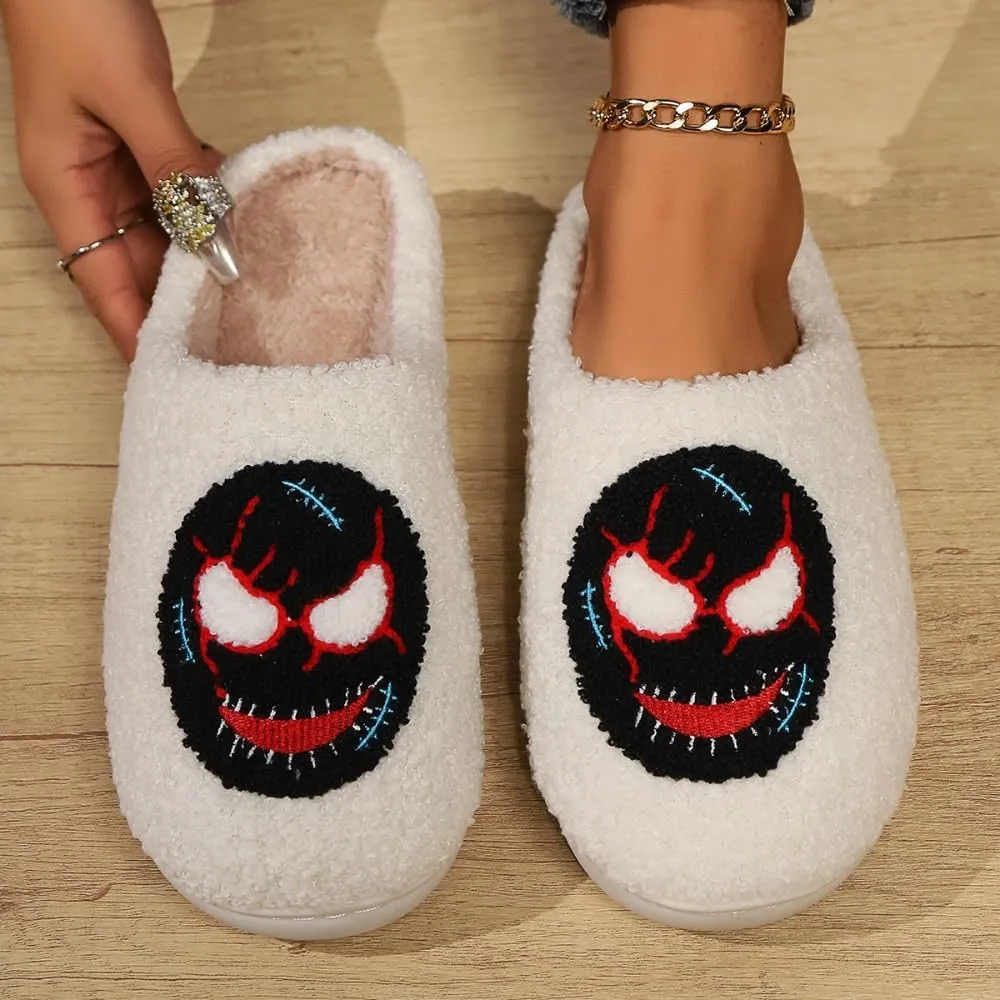 Premium Comfort Gothic Skulls Design Thermal Non Slip Women's Fuzzy House Slippers Indoor Soft Warm Shoes Cushion Sole