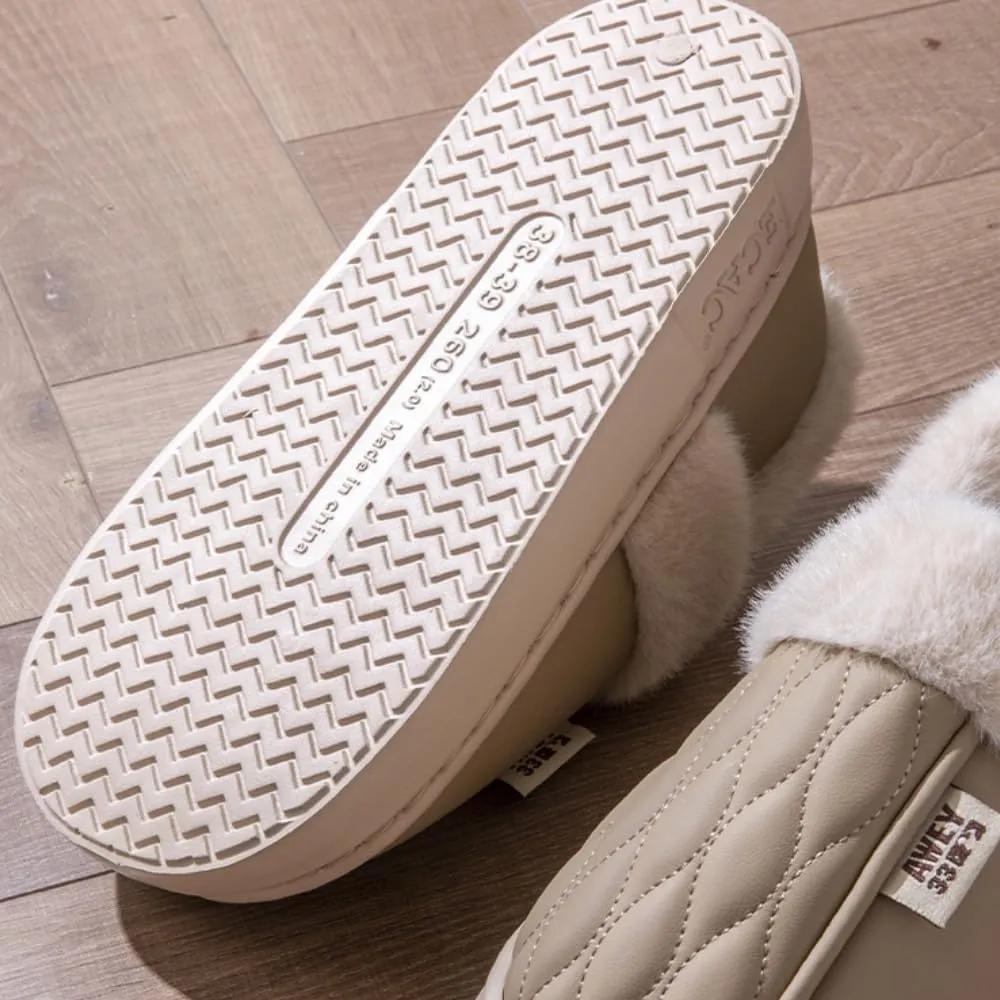 Premium Comfort Leather Closed Bacl Thermal Cushion Sole Non Slip Women's Fuzzy House Slippers Indoor Soft Warm Shoes