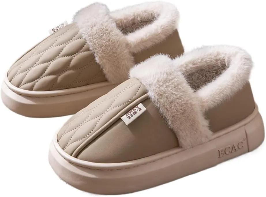 Premium Comfort Leather Closed Bacl Thermal Cushion Sole Non Slip Women's Fuzzy House Slippers Indoor Soft Warm Shoes