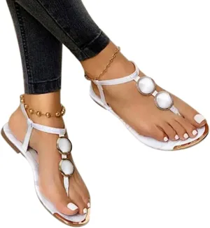 Sandals for Women Dressy Summer, Sandals Women Summer Casual Fashion Beaded Buckle Strap Sandals Beach Flat Flip Flops