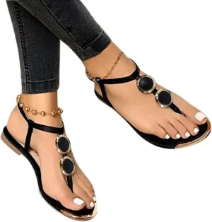 Sandals for Women Dressy Summer, Sandals Women Summer Casual Fashion Beaded Buckle Strap Sandals Beach Flat Flip Flops