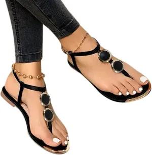 Sandals for Women Dressy Summer, Sandals Women Summer Casual Fashion Beaded Buckle Strap Sandals Beach Flat Flip Flops