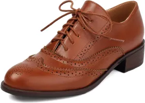 SHEMEE Women's Chunky Low Heels Oxfords Saddle Shoes Creeper Vintage Wingtip Brogues Perforated Flats Lace Up Pumps Brown,US 7.5