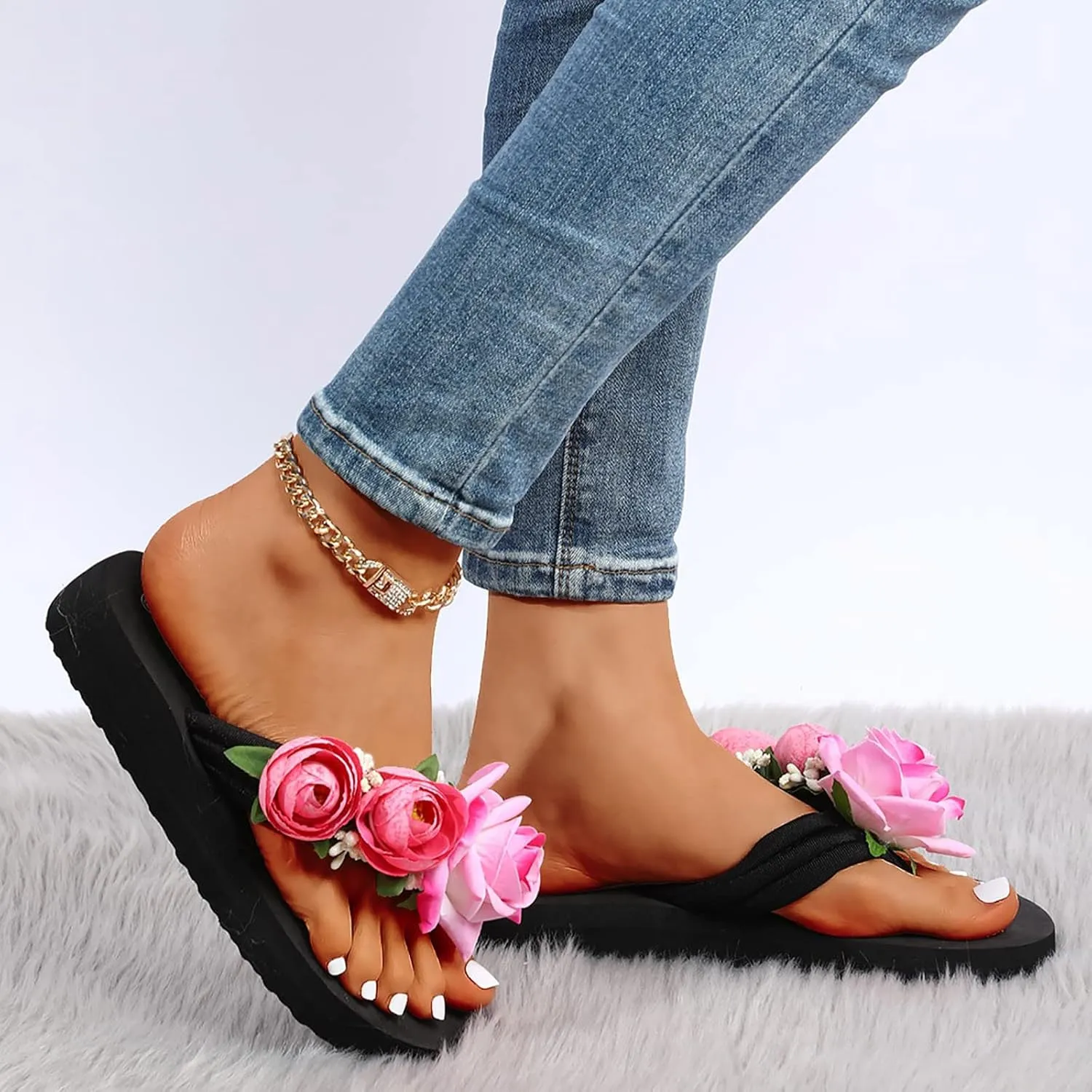 Slippers For Women Ladies Summer Flip Flops Open Toe Flowers Bohemian Sandals Casual Shoes Light Slides