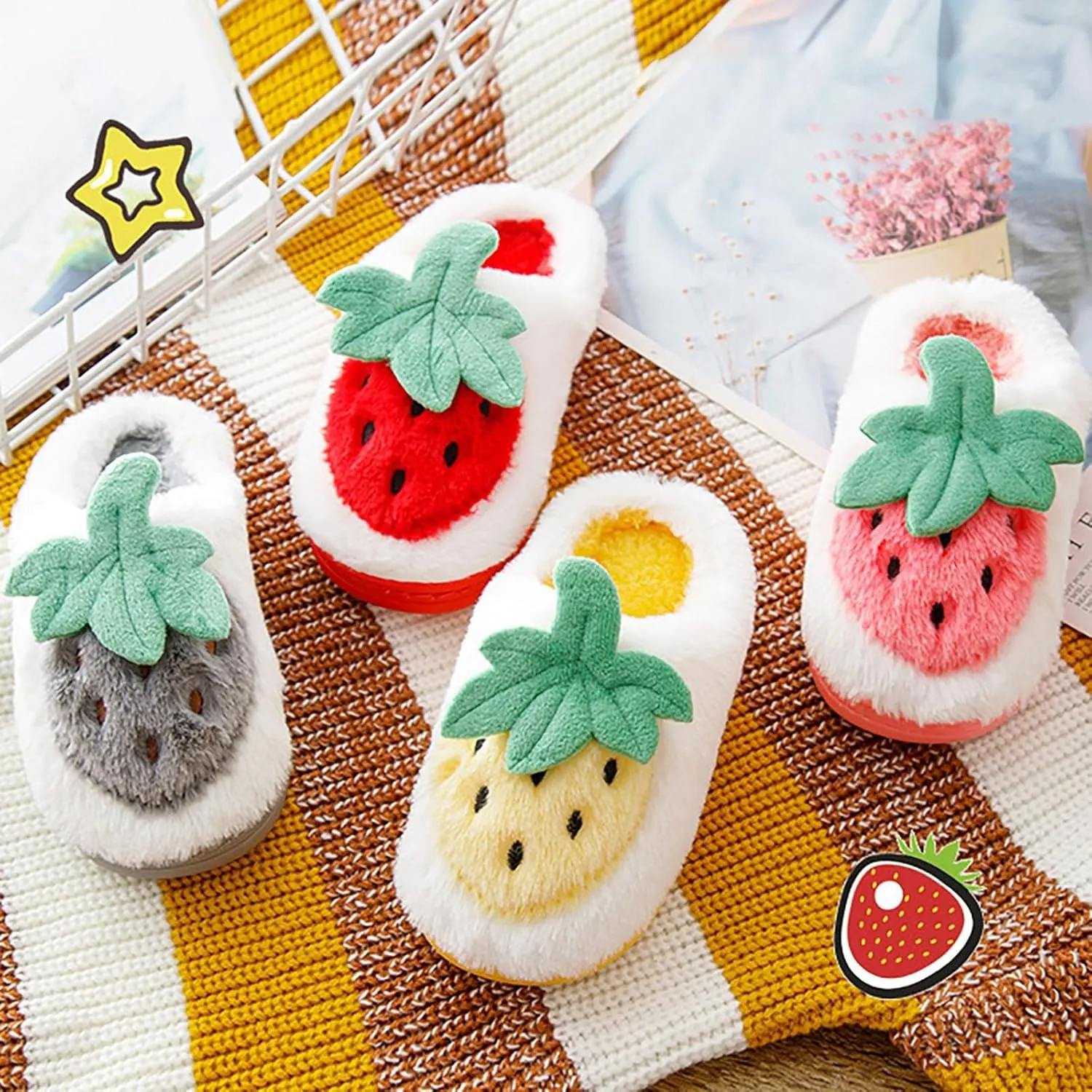 Sweet Strawberry Slippers for Toddler Kids Winter Cute 𝐂ozy House Shoes Girl Boy Warm Fleece House Slippers