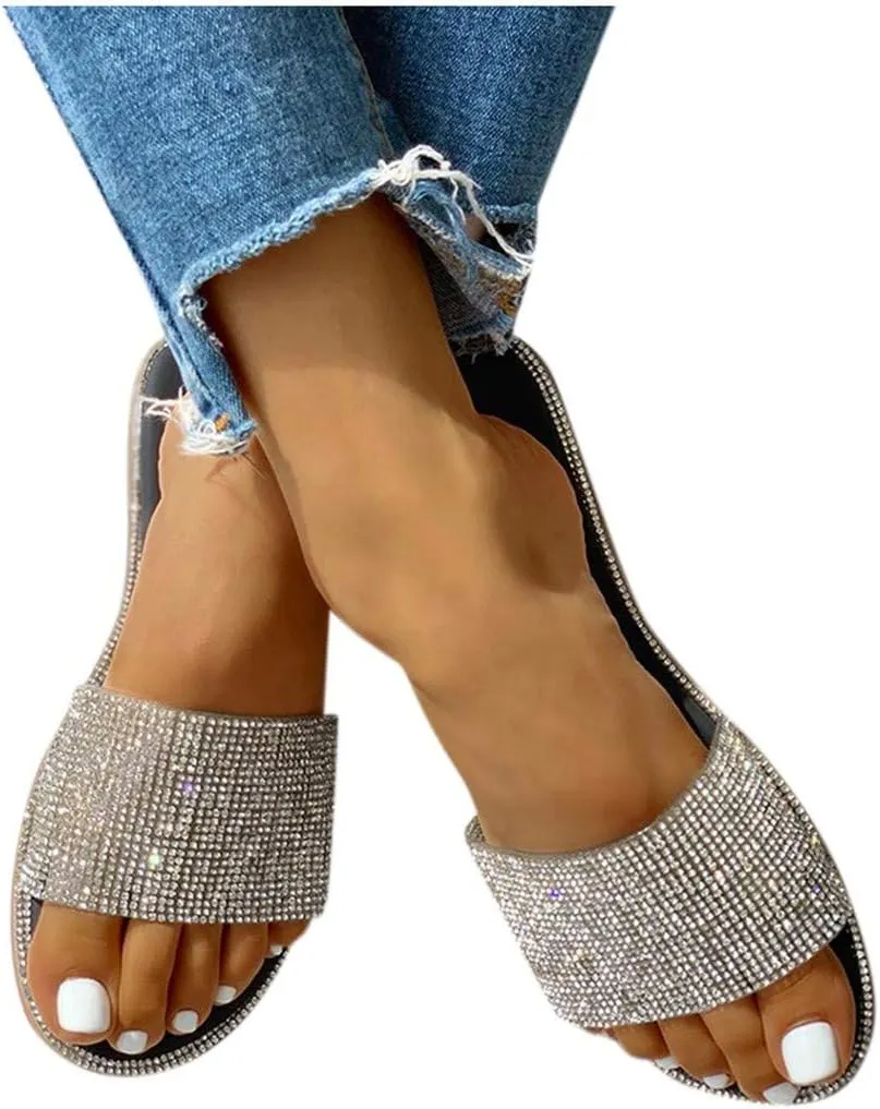 Women Rhinestone Flat Sandals Summer Dressy Beach Slip On T-Strap Buckle Bohemian Flat Sandals Open Toe Slide Sandal