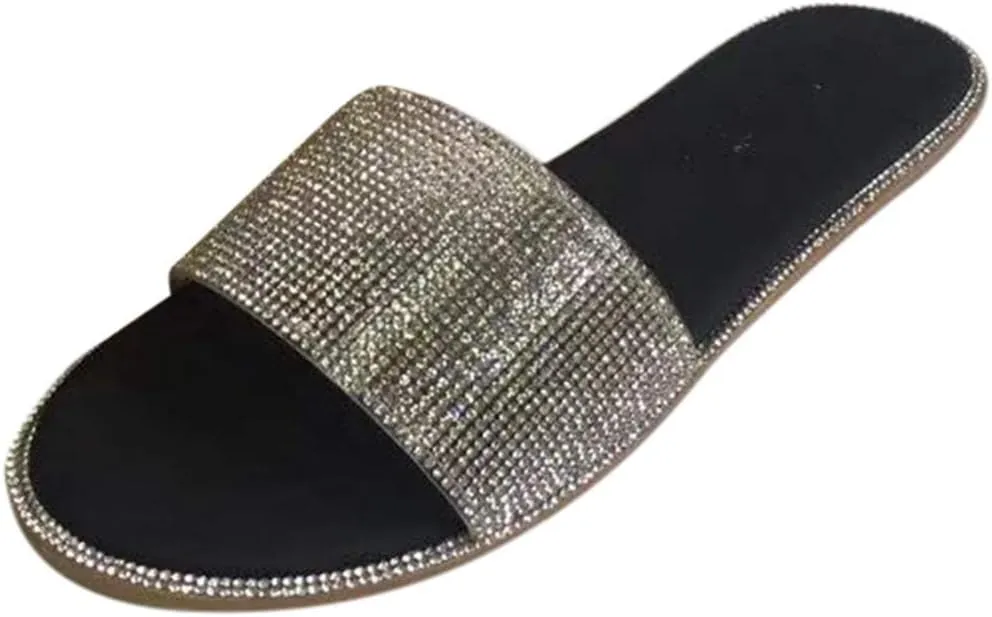 Women Rhinestone Flat Sandals Summer Dressy Beach Slip On T-Strap Buckle Bohemian Flat Sandals Open Toe Slide Sandal