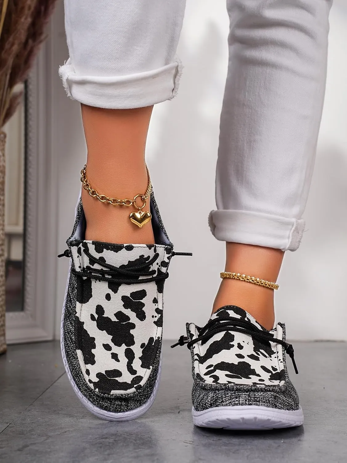 Women's Cow Print Lace-up Canvas Loafers Color Slip-on Orthopedic Ultralight Boat Shoes with Fasciitis Arch Support All-Season Available Daily Sneakers Travel and Sports