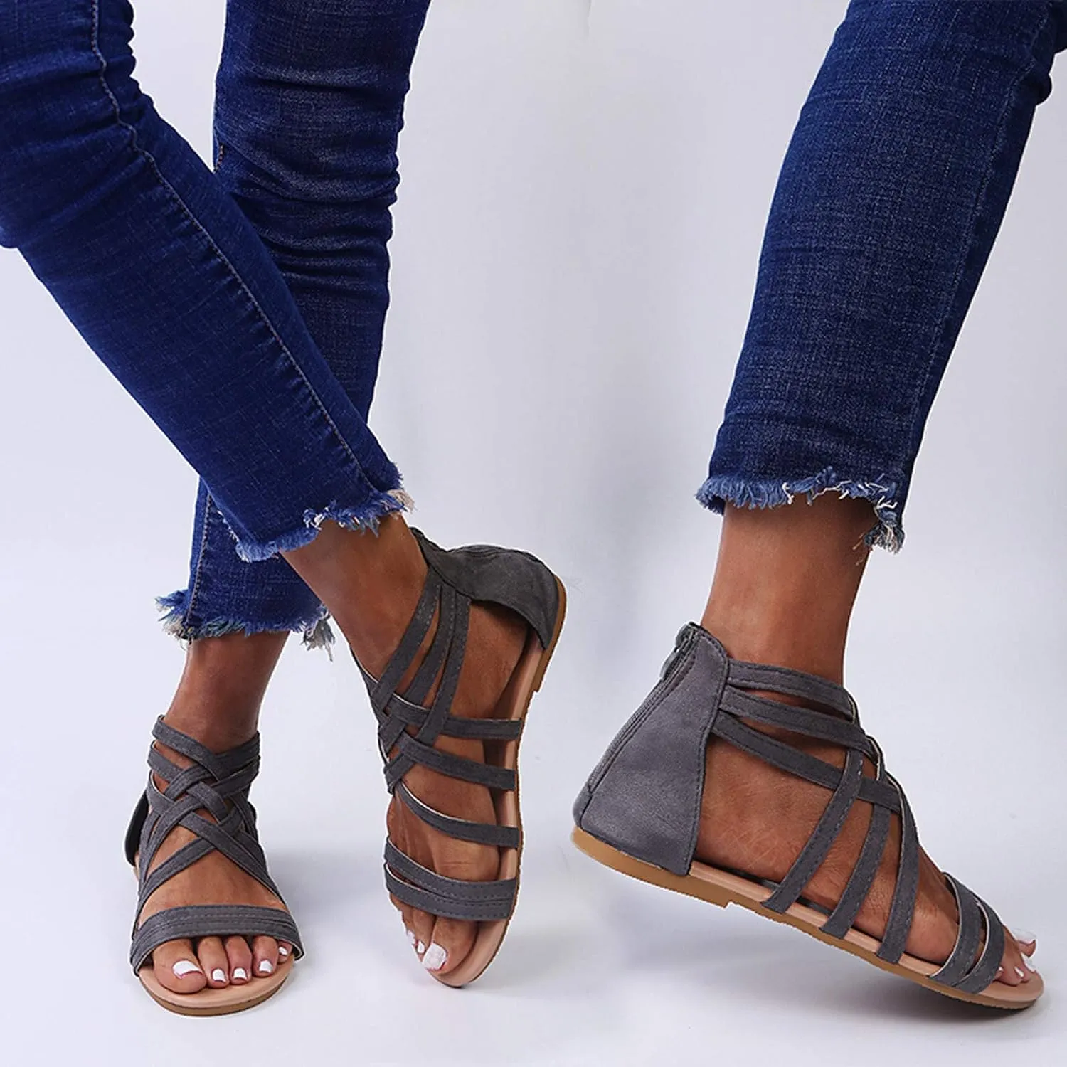 Women's Flat Sandals Beach Falt Anti-Slip Cover Heel Solid Criss Cross Gladiator Spring Sandals for Women 2022