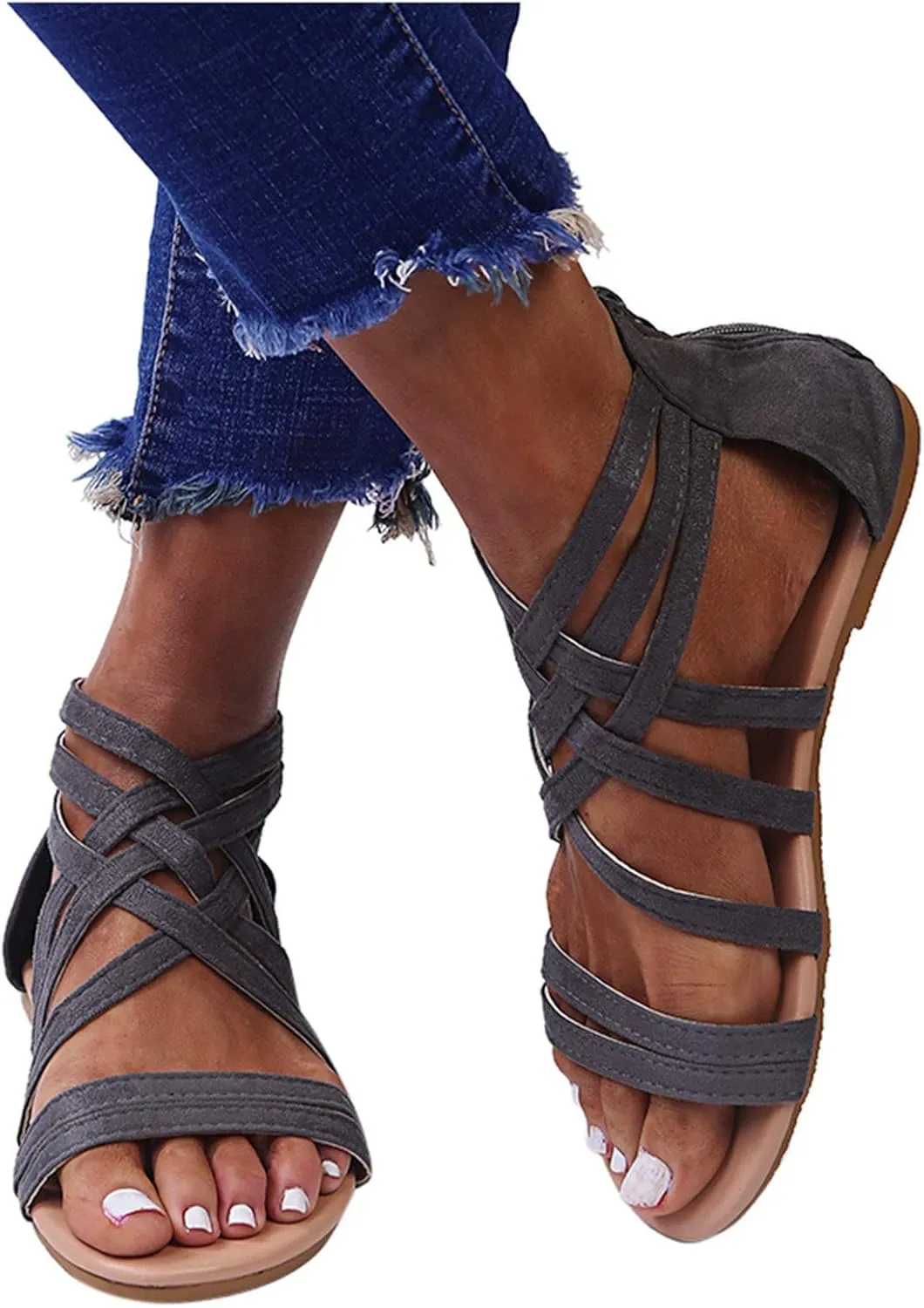 Women's Flat Sandals Beach Falt Anti-Slip Cover Heel Solid Criss Cross Gladiator Spring Sandals for Women 2022