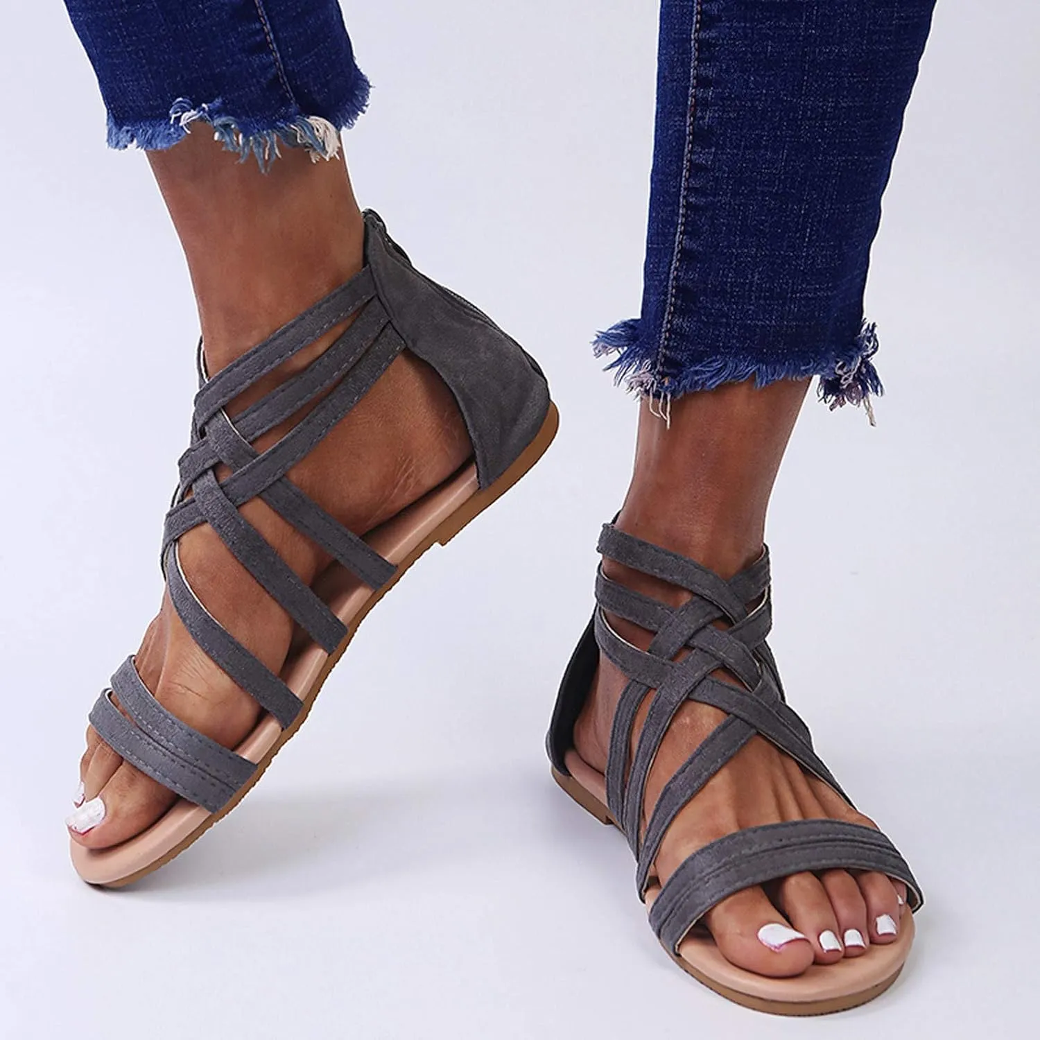 Women's Flat Sandals Beach Falt Anti-Slip Cover Heel Solid Criss Cross Gladiator Spring Sandals for Women 2022