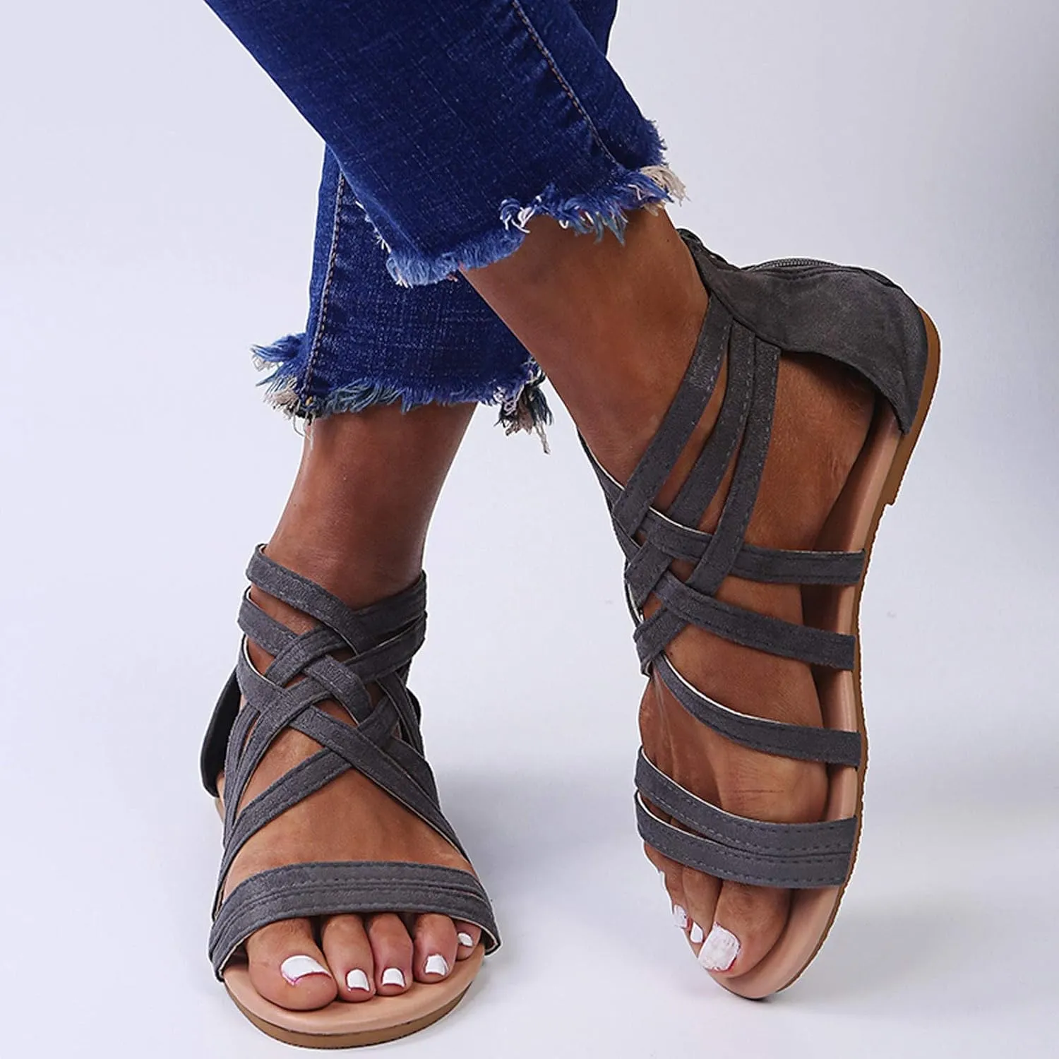 Women's Flat Sandals Beach Falt Anti-Slip Cover Heel Solid Criss Cross Gladiator Spring Sandals for Women 2022