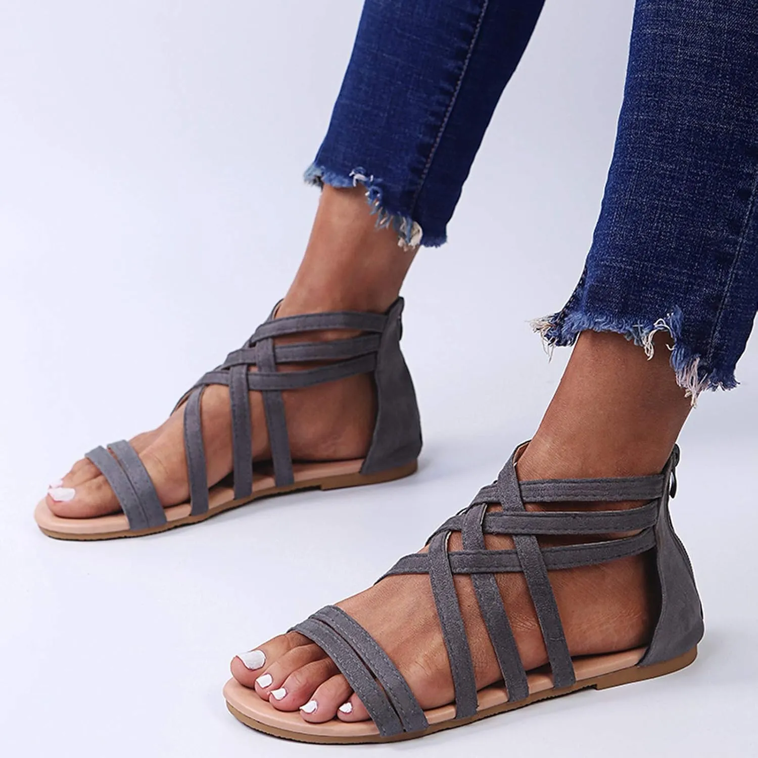 Women's Flat Sandals Beach Falt Anti-Slip Cover Heel Solid Criss Cross Gladiator Spring Sandals for Women 2022