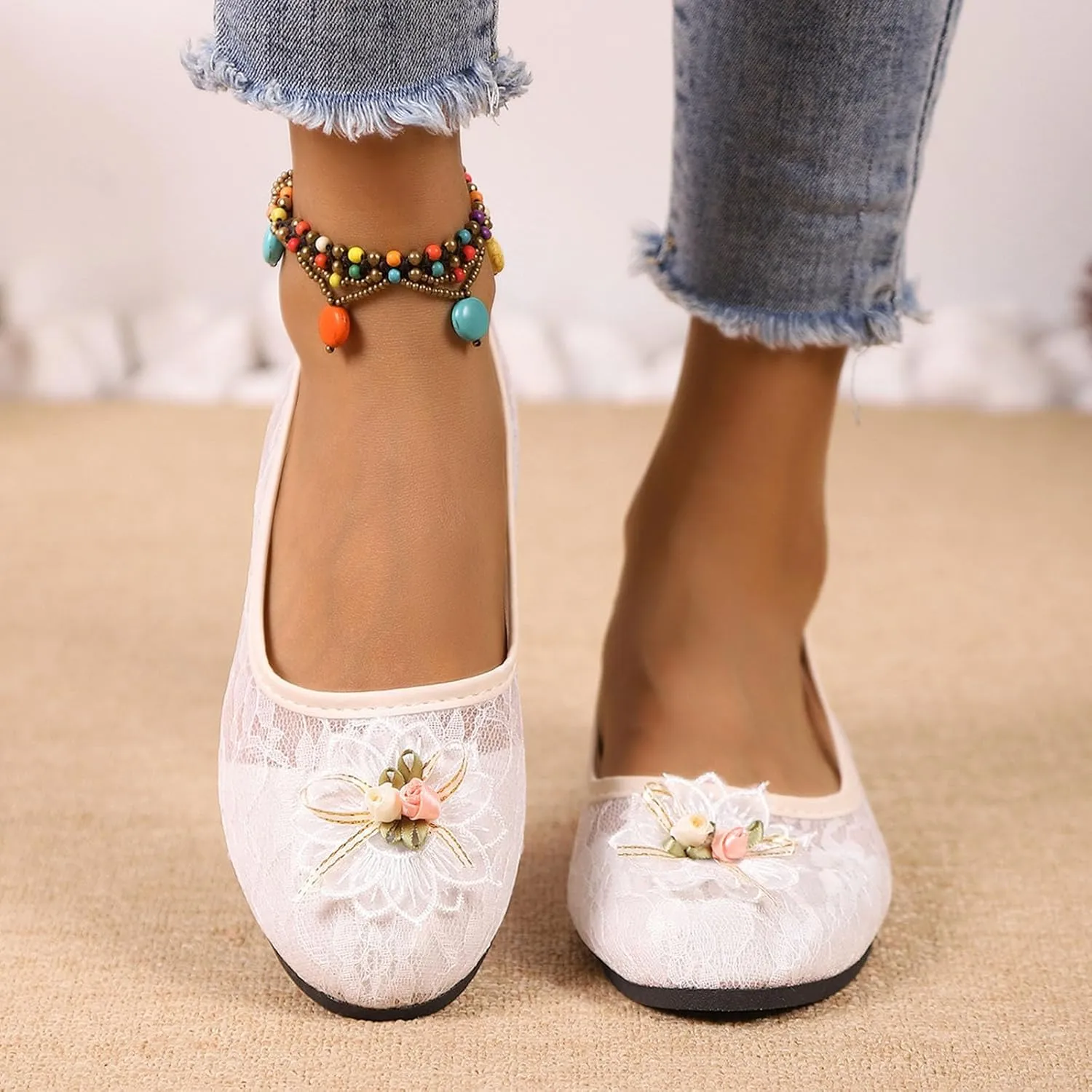 Women's Floral Ballet Flats Breathable Crochet Lace Ballerina Slip On Loafer Comfortable Round Toe Dress Flat Shoes
