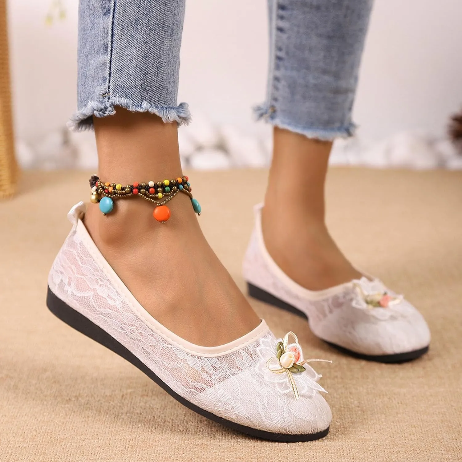Women's Floral Ballet Flats Breathable Crochet Lace Ballerina Slip On Loafer Comfortable Round Toe Dress Flat Shoes
