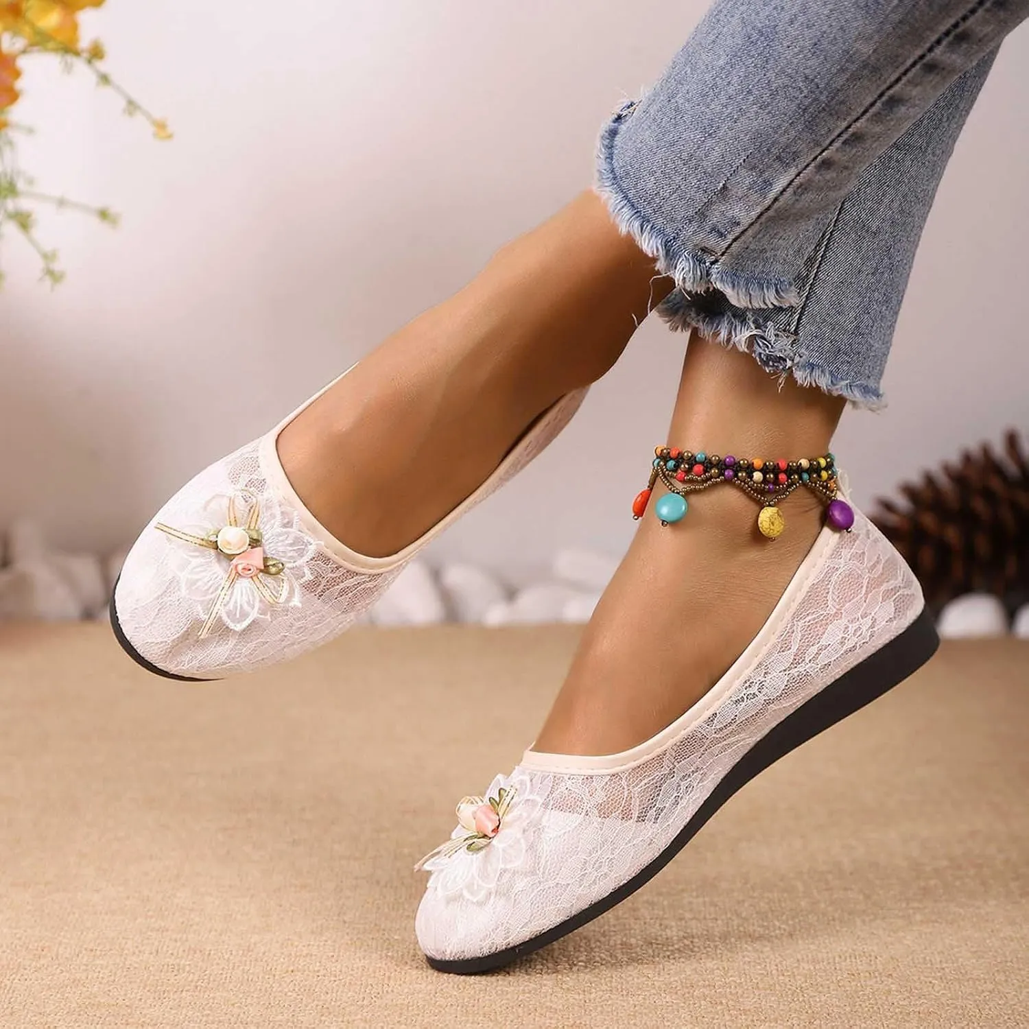 Women's Floral Ballet Flats Breathable Crochet Lace Ballerina Slip On Loafer Comfortable Round Toe Dress Flat Shoes