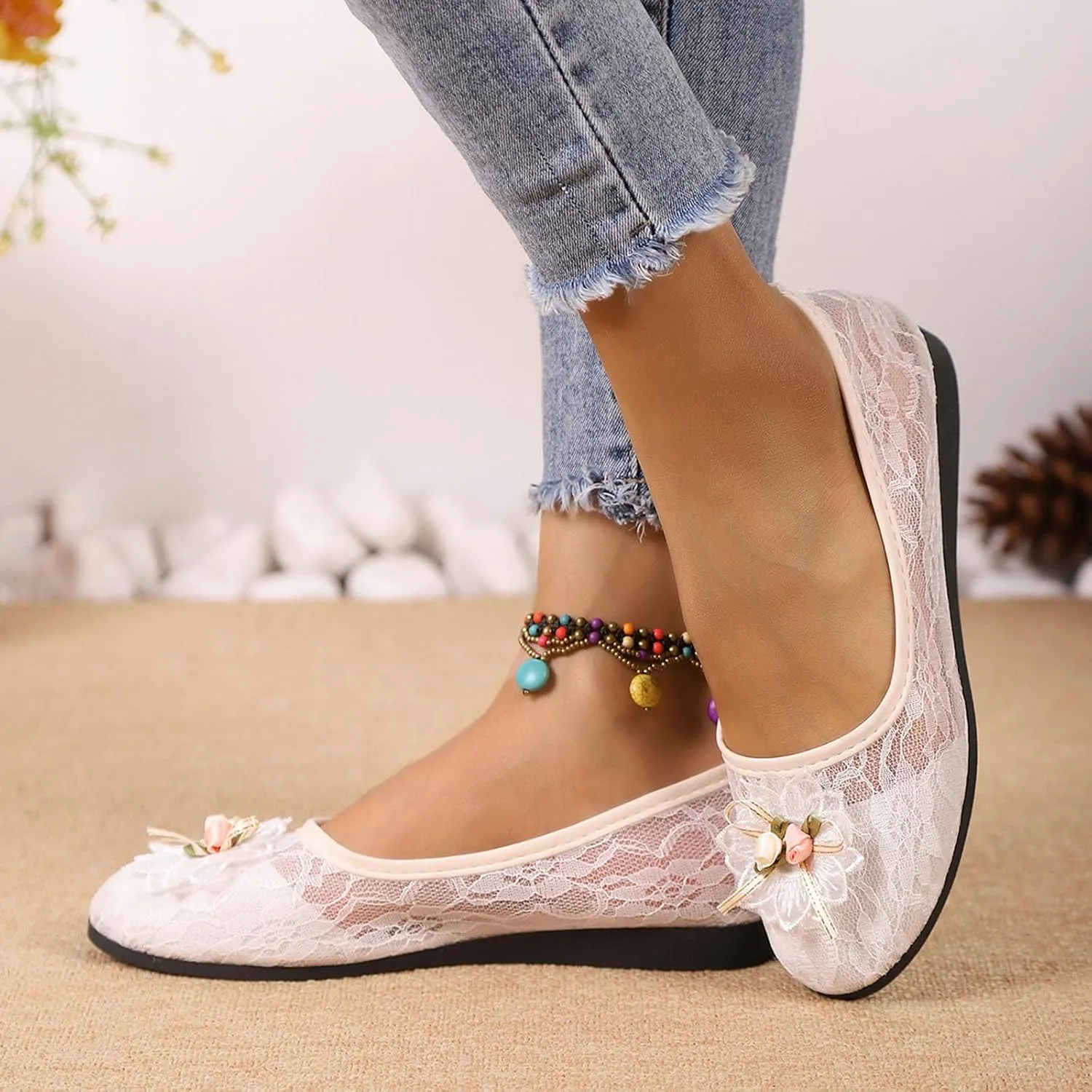 Women's Floral Ballet Flats Breathable Crochet Lace Ballerina Slip On Loafer Comfortable Round Toe Dress Flat Shoes