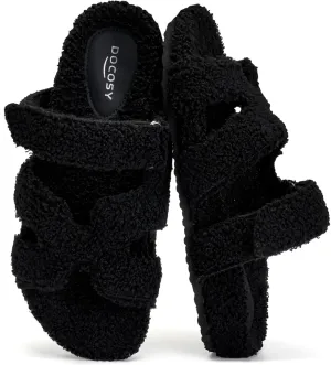 Womens Fuzzy H-Band Slippers Faux Shearling Open Toe Slide Sandal Adjustable House Shoes Wide Width