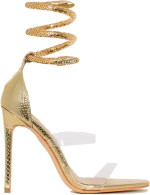 Women's Kitten High-heeled Sandals with Snake Shaped Ankle Strap, Square Open Toe High Heels, Roman Party High Heels
