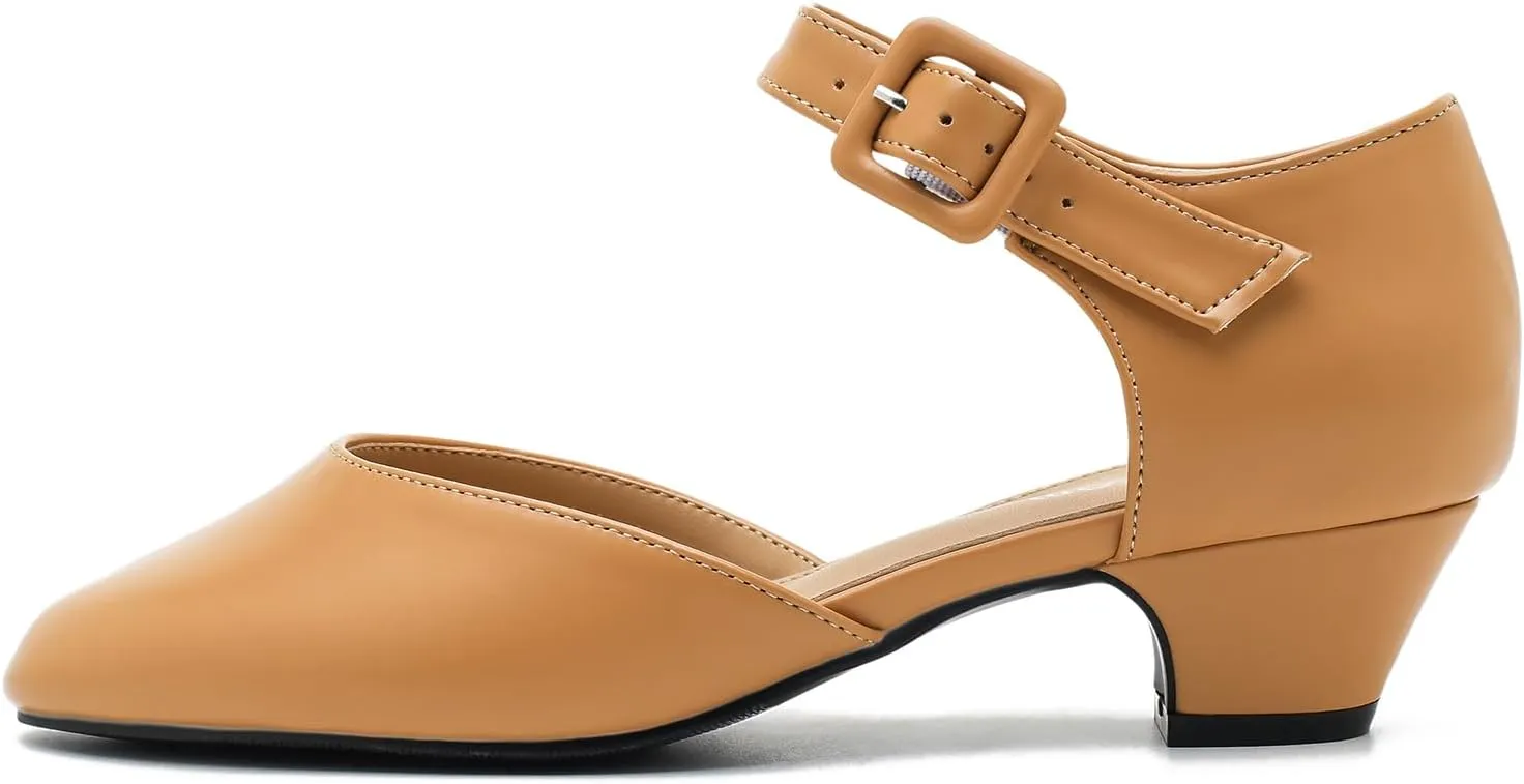 Women's Low Block Heels Ankle Buckle Strap Closed Toe Comfortable Chunky Heel Dress Work Pumps