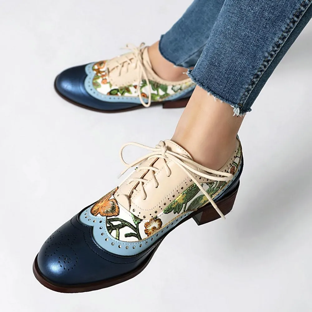 Women's Low Heels Oxford Shoes Multi-Color Perforated Lace Up Wingtip Brogues Saddle Shoes