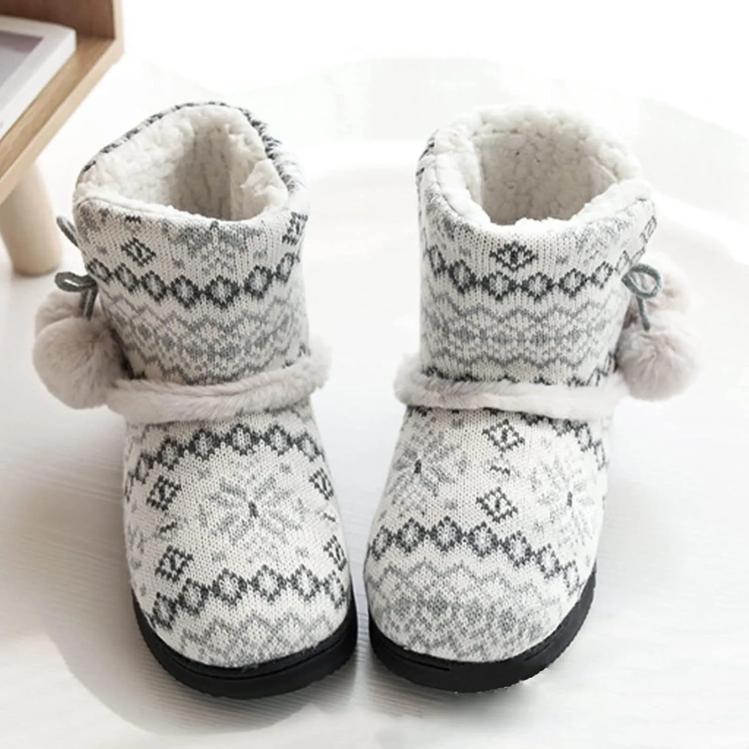 Womens Snow Boot Slippers Winter Furry Boot Slippers Knit Bootie Slippers Memory Foam Slippers Fleece Slip-on House Shoes