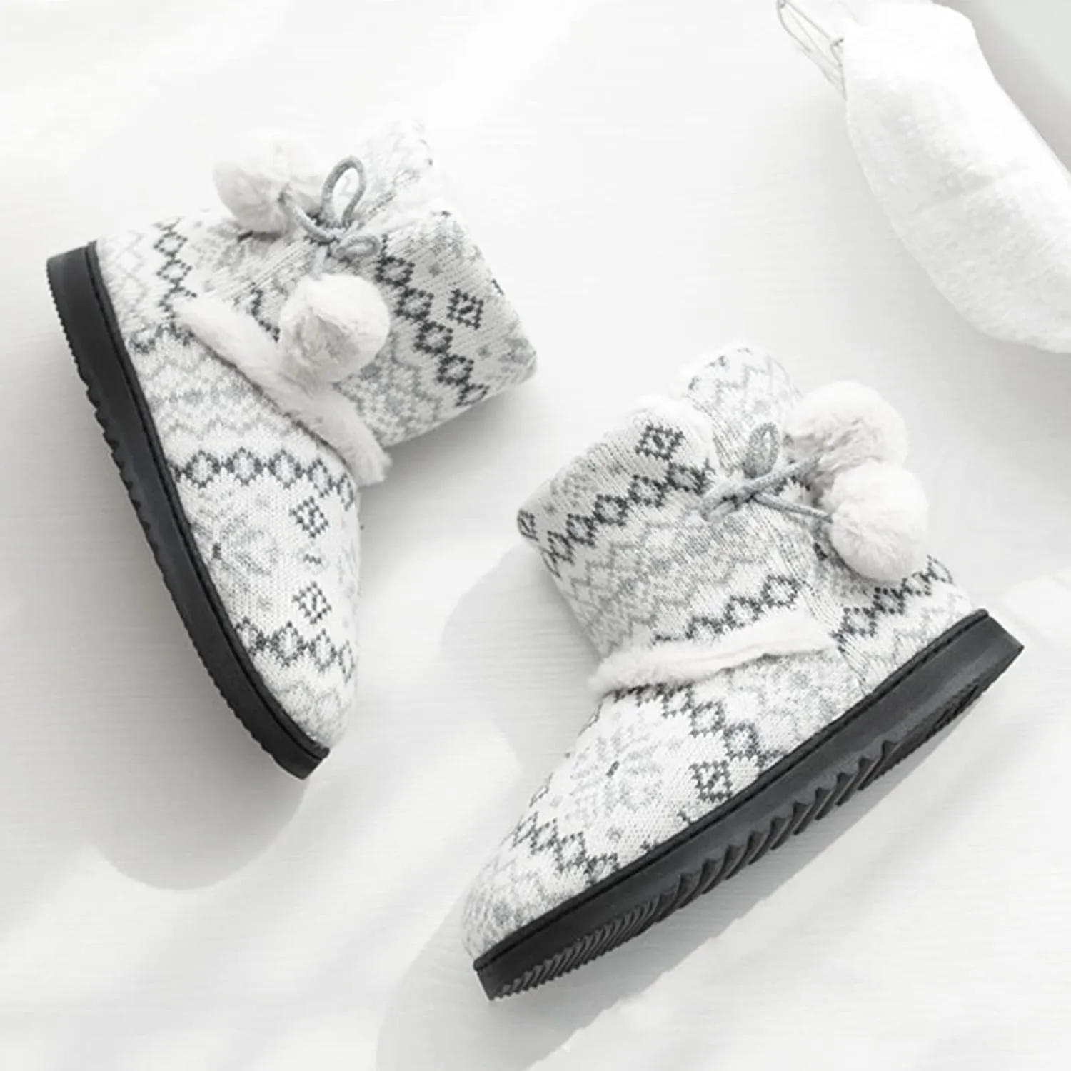 Womens Snow Boot Slippers Winter Furry Boot Slippers Knit Bootie Slippers Memory Foam Slippers Fleece Slip-on House Shoes