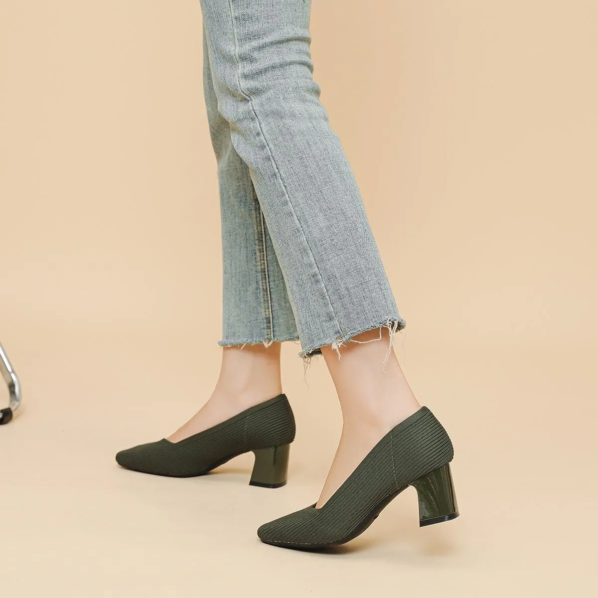 Women's Square Toe Pumps Knit Dress Shoes Comfortable Low Wedge Mesh Shoes for Women Slip On Pumps with Chunky Heel Shoes Classic Soft Mary Jane Shoes