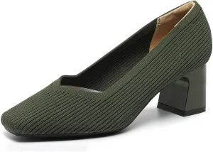 Women's Square Toe Pumps Knit Dress Shoes Comfortable Low Wedge Mesh Shoes for Women Slip On Pumps with Chunky Heel Shoes Classic Soft Mary Jane Shoes