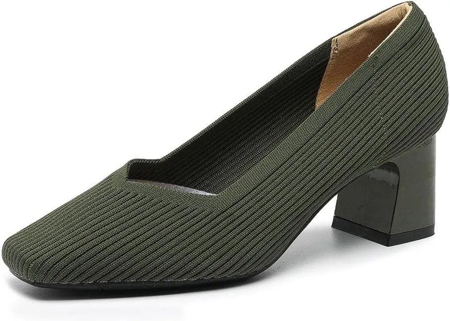 Women's Square Toe Pumps Knit Dress Shoes Comfortable Low Wedge Mesh Shoes for Women Slip On Pumps with Chunky Heel Shoes Classic Soft Mary Jane Shoes