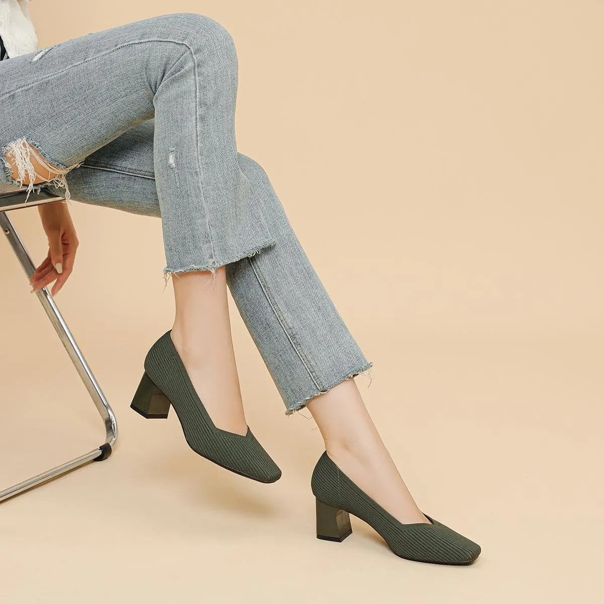 Women's Square Toe Pumps Knit Dress Shoes Comfortable Low Wedge Mesh Shoes for Women Slip On Pumps with Chunky Heel Shoes Classic Soft Mary Jane Shoes