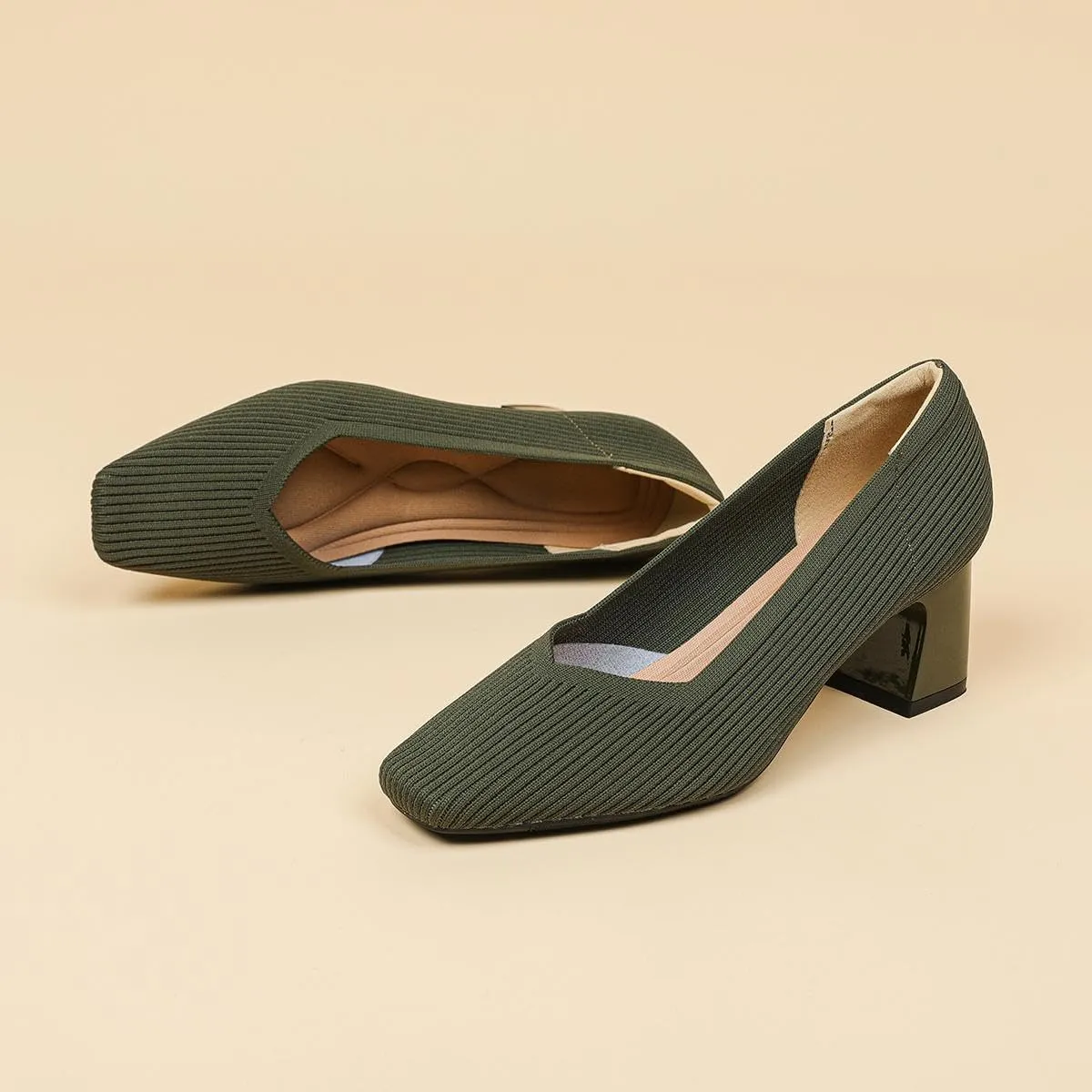 Women's Square Toe Pumps Knit Dress Shoes Comfortable Low Wedge Mesh Shoes for Women Slip On Pumps with Chunky Heel Shoes Classic Soft Mary Jane Shoes