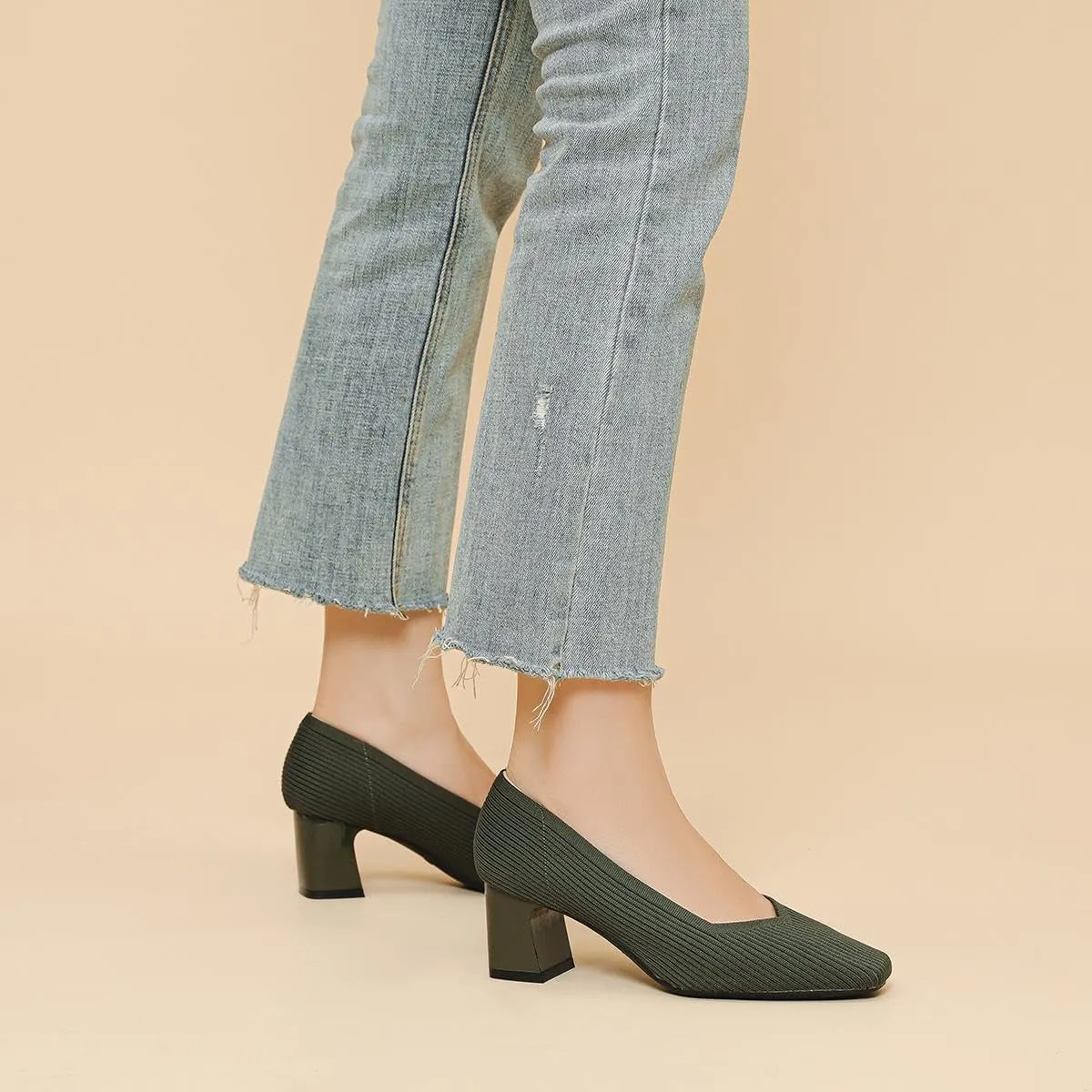 Women's Square Toe Pumps Knit Dress Shoes Comfortable Low Wedge Mesh Shoes for Women Slip On Pumps with Chunky Heel Shoes Classic Soft Mary Jane Shoes