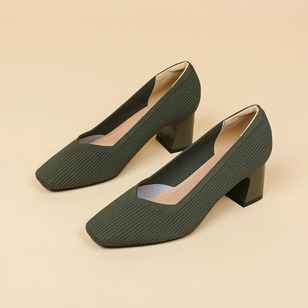 Women's Square Toe Pumps Knit Dress Shoes Comfortable Low Wedge Mesh Shoes for Women Slip On Pumps with Chunky Heel Shoes Classic Soft Mary Jane Shoes