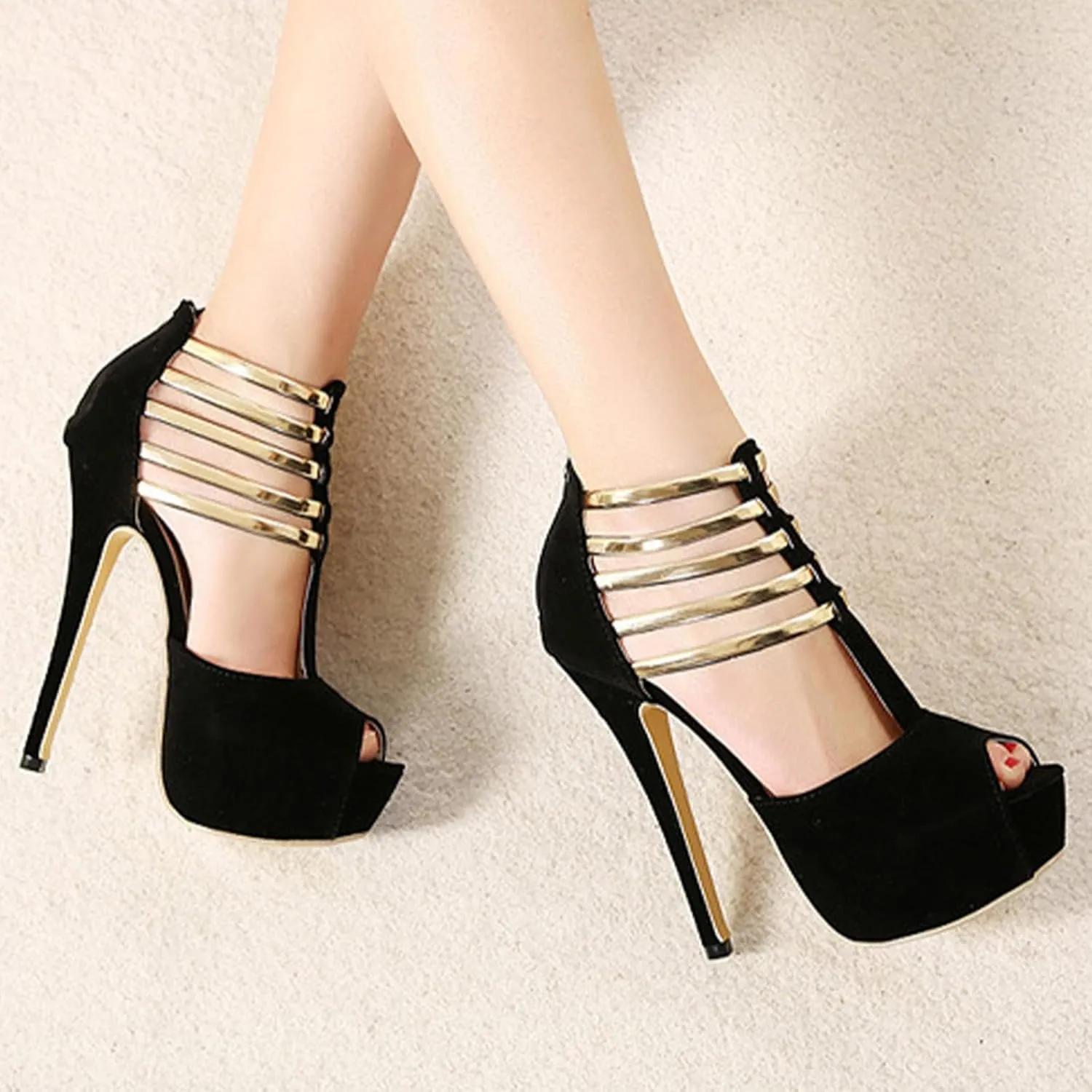 Women's Suede Open Toe Platform Stiletto High Heels Sexy Hollow T-Strap High Heels Fashion Back Zipper High Heel Sandals