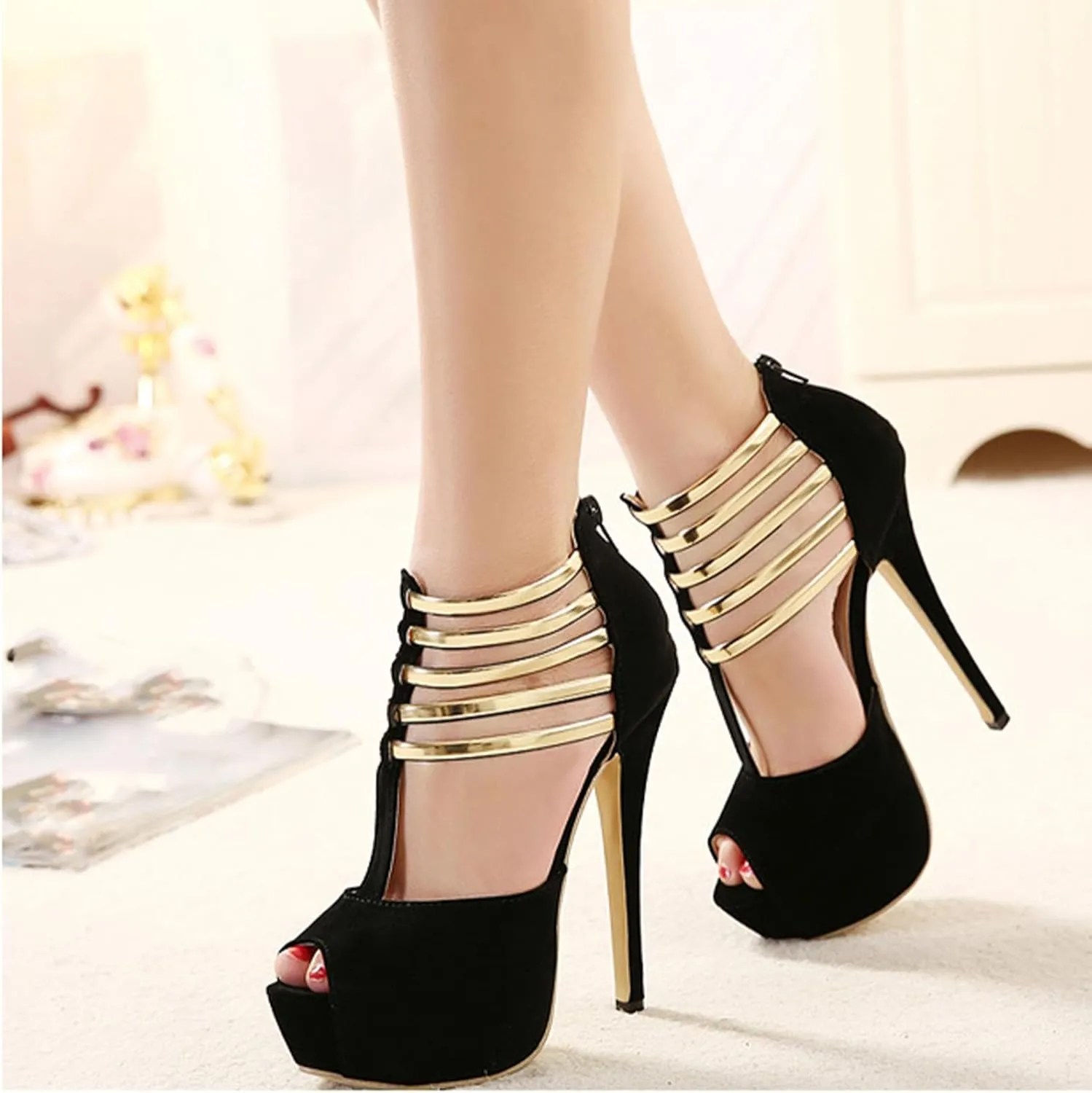 Women's Suede Open Toe Platform Stiletto High Heels Sexy Hollow T-Strap High Heels Fashion Back Zipper High Heel Sandals