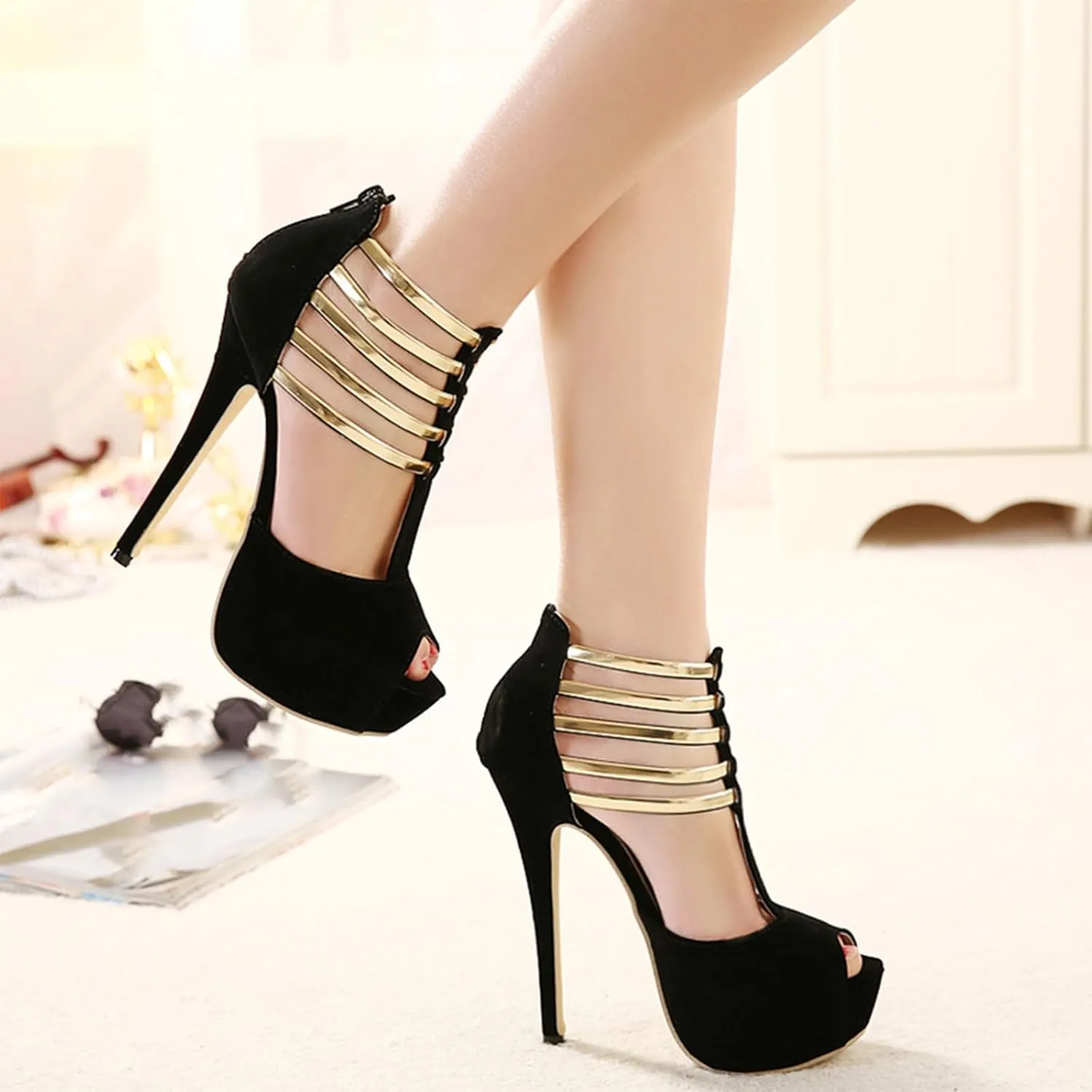 Women's Suede Open Toe Platform Stiletto High Heels Sexy Hollow T-Strap High Heels Fashion Back Zipper High Heel Sandals