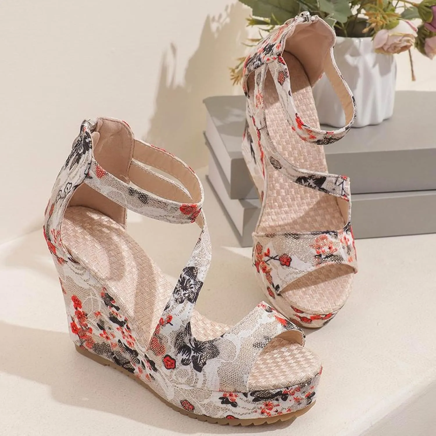 Womens Wedge Sandals Women's Classic Wedge Heels Sandals Leather Sandals Womens Casual Slip on Summer Wedge Sandals