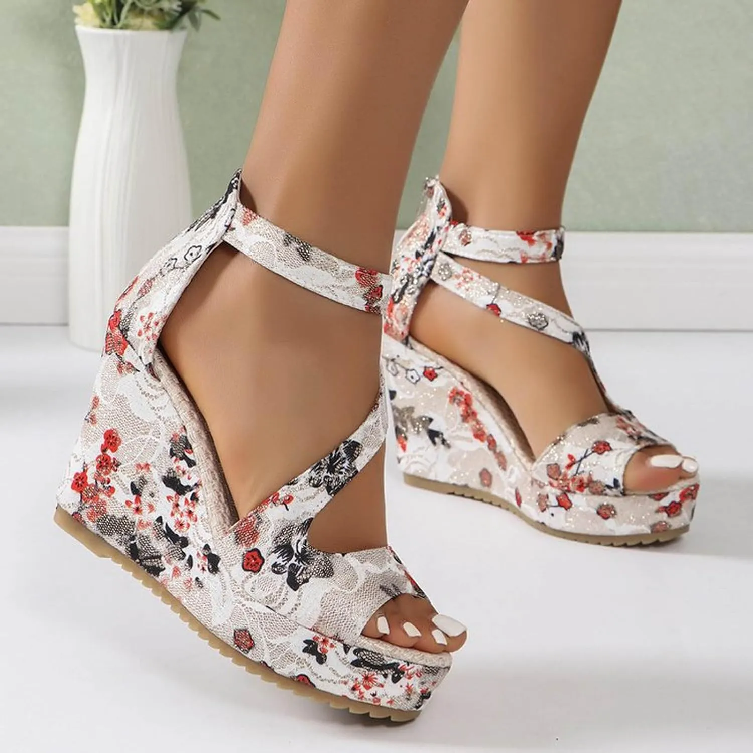Womens Wedge Sandals Women's Classic Wedge Heels Sandals Leather Sandals Womens Casual Slip on Summer Wedge Sandals