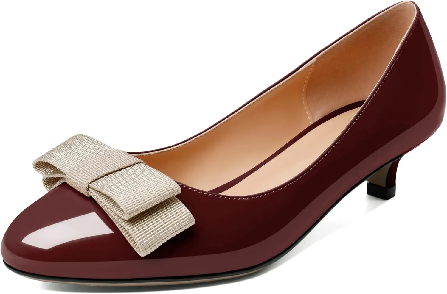 YODEKS Women Kitten Heel Pumps Round Toe Slip On 1.5 Inches Heels Low Heeled Elegant Bow Comfort Shoes for Wedding Office Evening