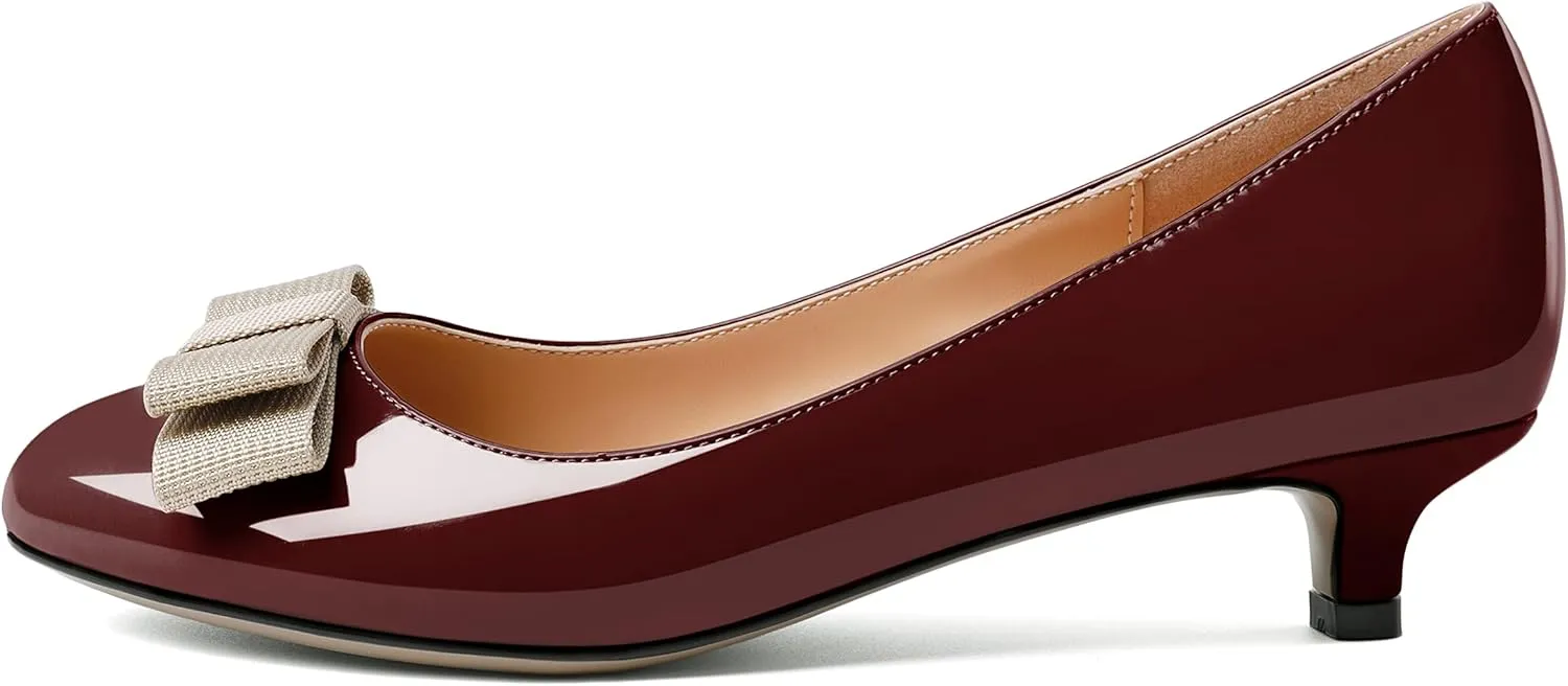 YODEKS Women Kitten Heel Pumps Round Toe Slip On 1.5 Inches Heels Low Heeled Elegant Bow Comfort Shoes for Wedding Office Evening