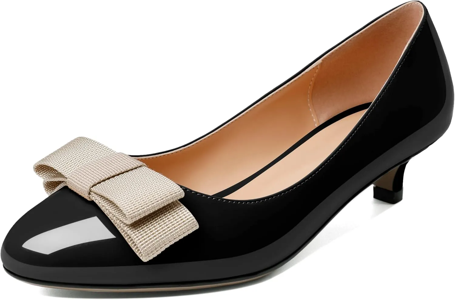 YODEKS Women Kitten Heel Pumps Round Toe Slip On 1.5 Inches Heels Low Heeled Elegant Bow Comfort Shoes for Wedding Office Evening