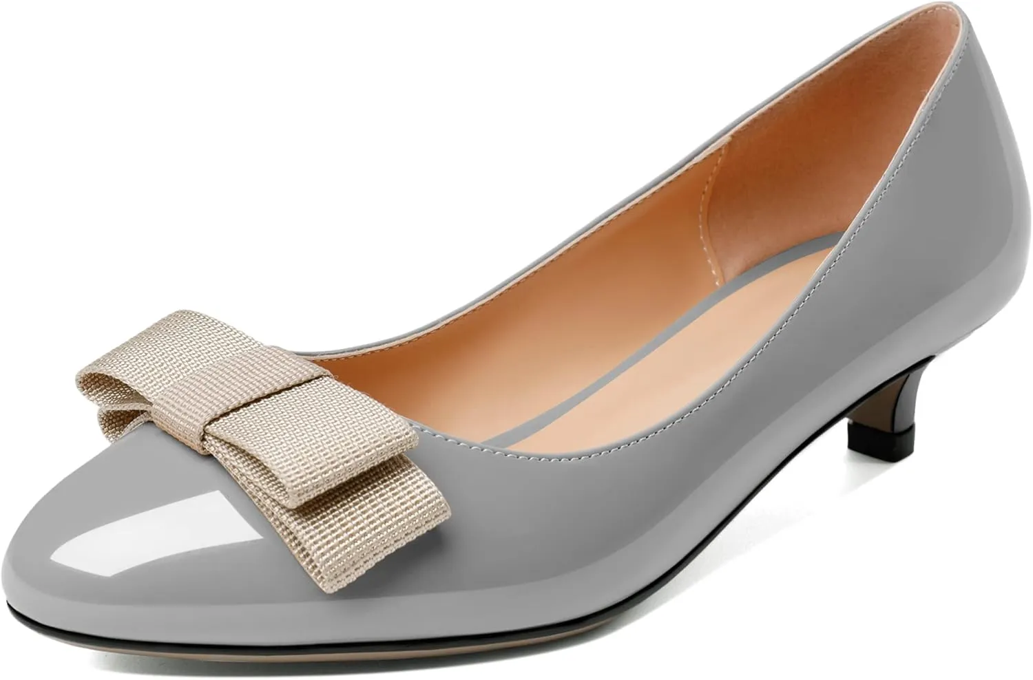 YODEKS Women Kitten Heel Pumps Round Toe Slip On 1.5 Inches Heels Low Heeled Elegant Bow Comfort Shoes for Wedding Office Evening