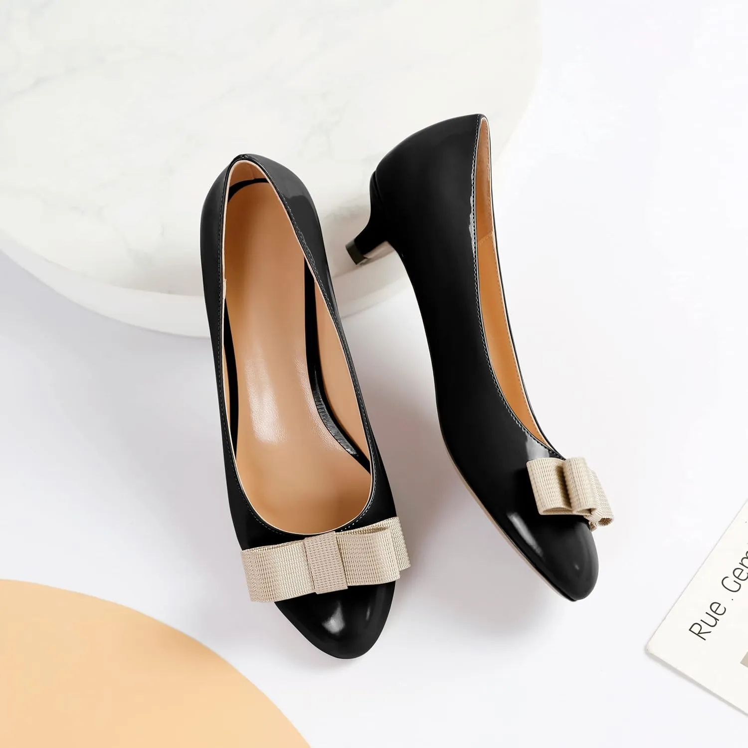 YODEKS Women Kitten Heel Pumps Round Toe Slip On 1.5 Inches Heels Low Heeled Elegant Bow Comfort Shoes for Wedding Office Evening