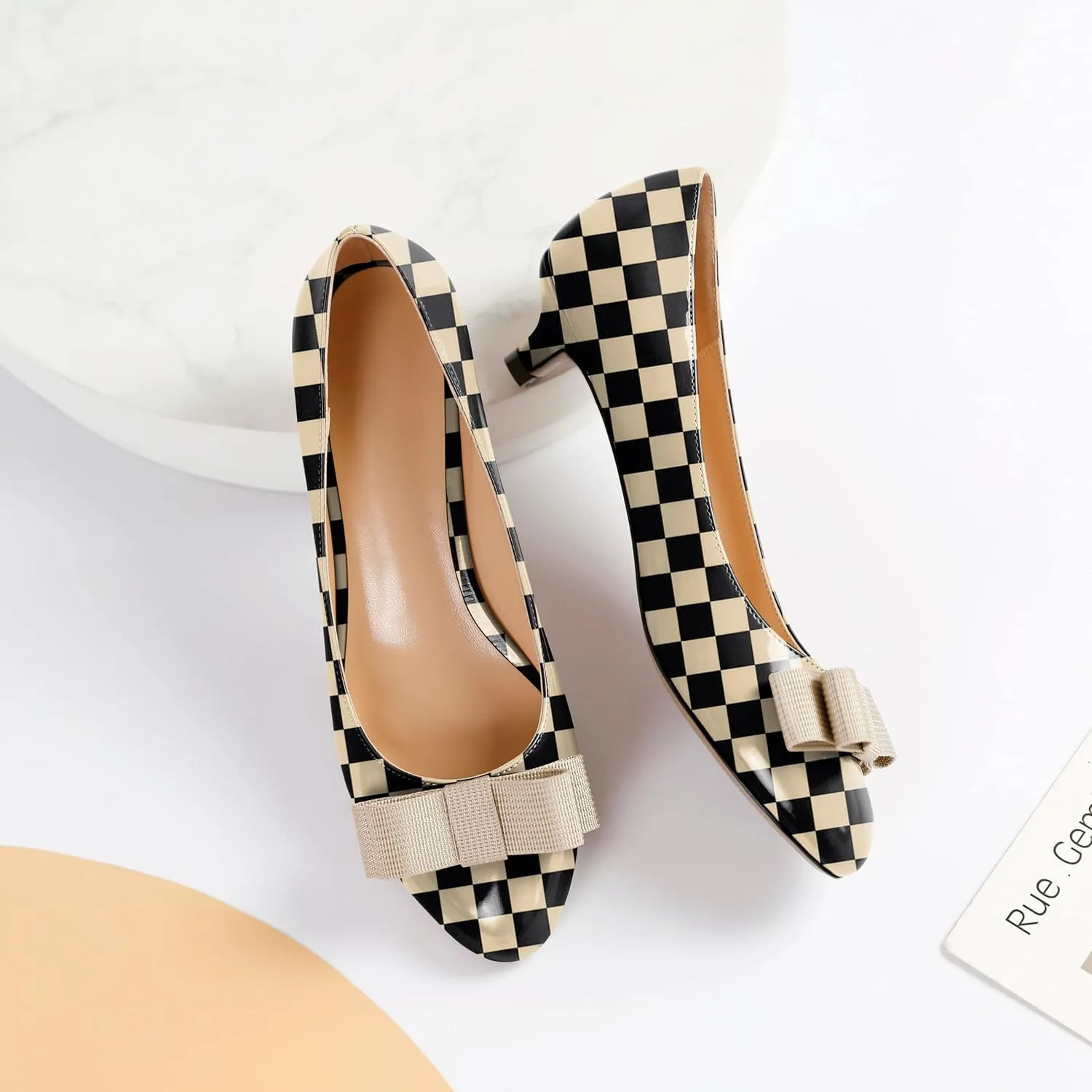 YODEKS Women Kitten Heel Pumps Round Toe Slip On 1.5 Inches Heels Low Heeled Elegant Bow Comfort Shoes for Wedding Office Evening