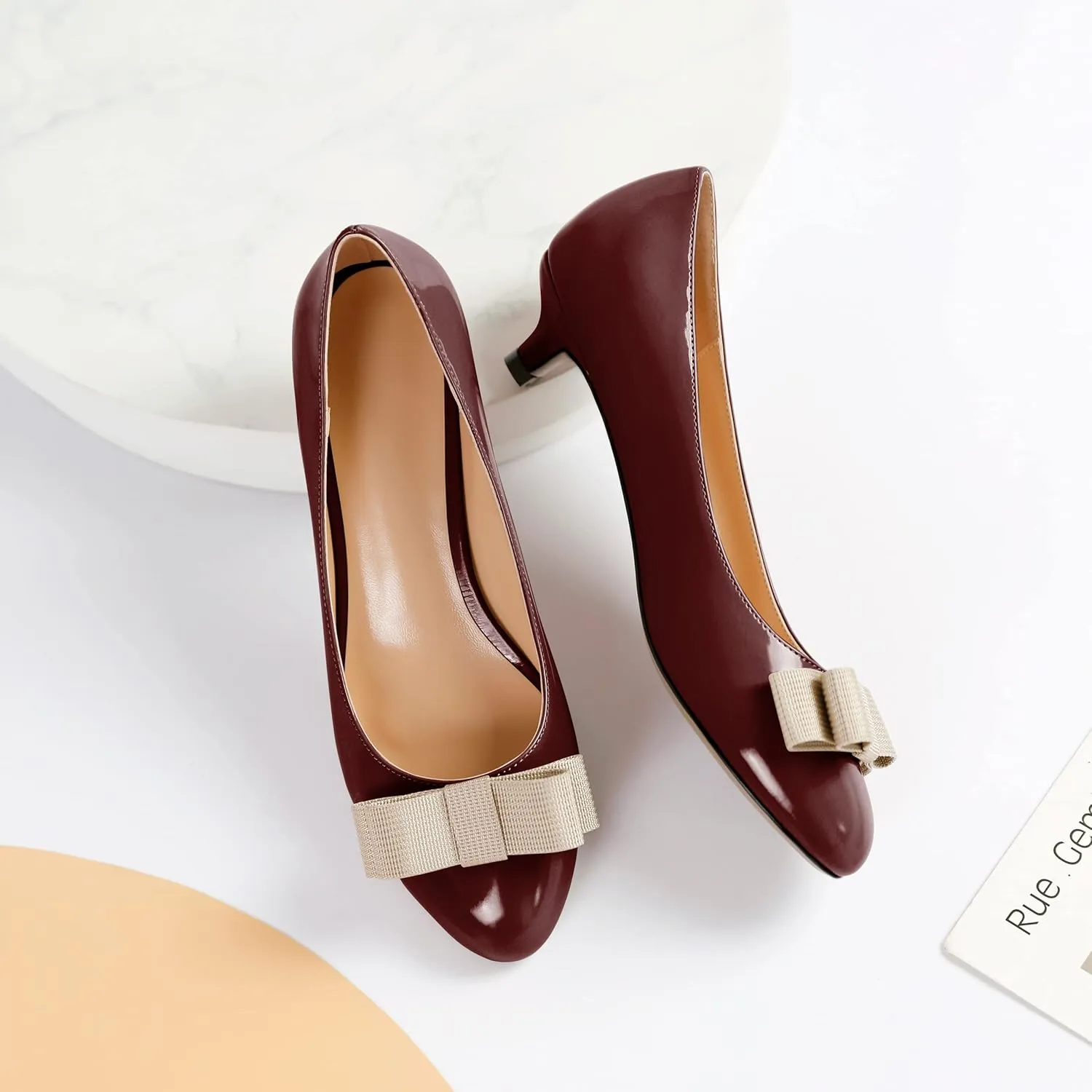YODEKS Women Kitten Heel Pumps Round Toe Slip On 1.5 Inches Heels Low Heeled Elegant Bow Comfort Shoes for Wedding Office Evening