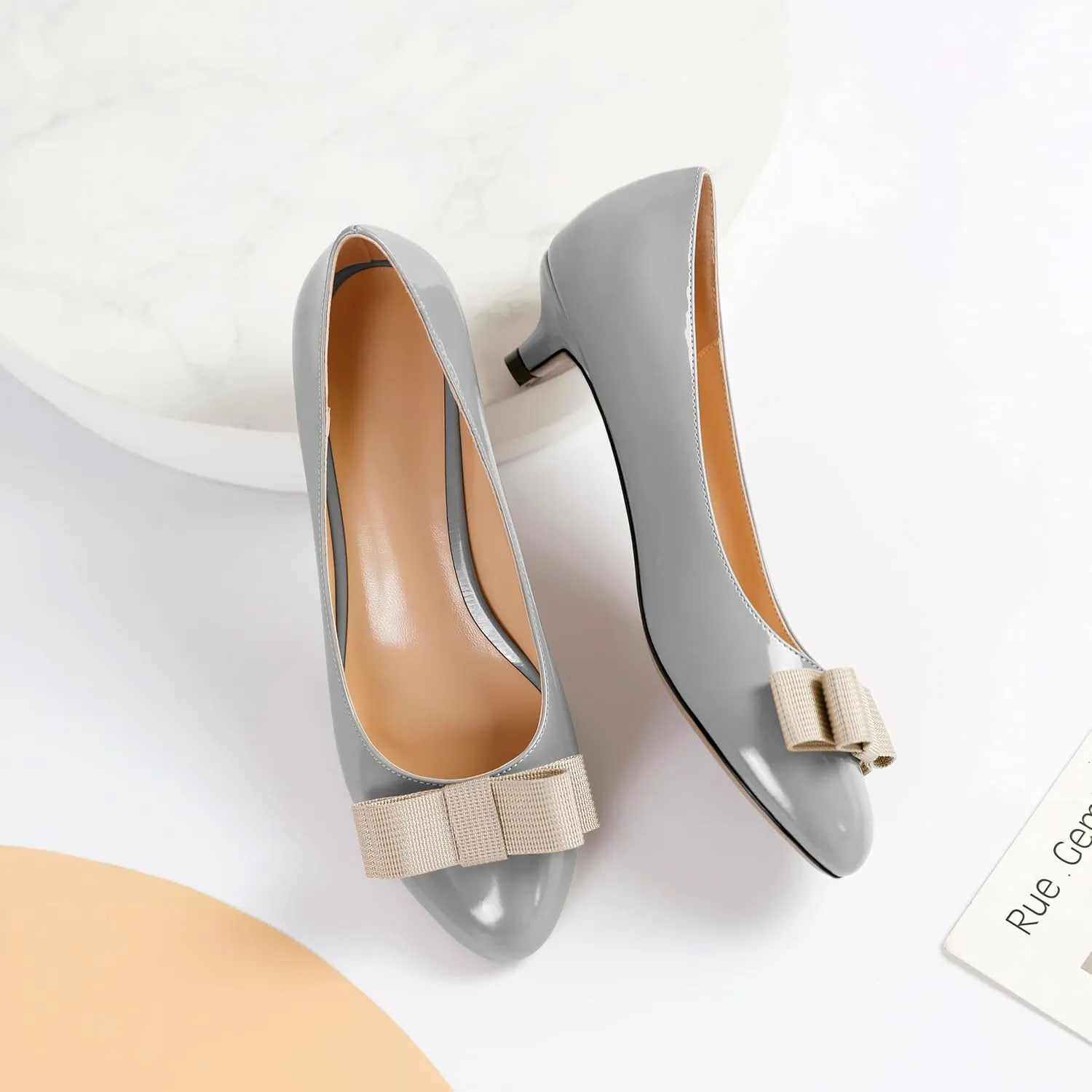 YODEKS Women Kitten Heel Pumps Round Toe Slip On 1.5 Inches Heels Low Heeled Elegant Bow Comfort Shoes for Wedding Office Evening