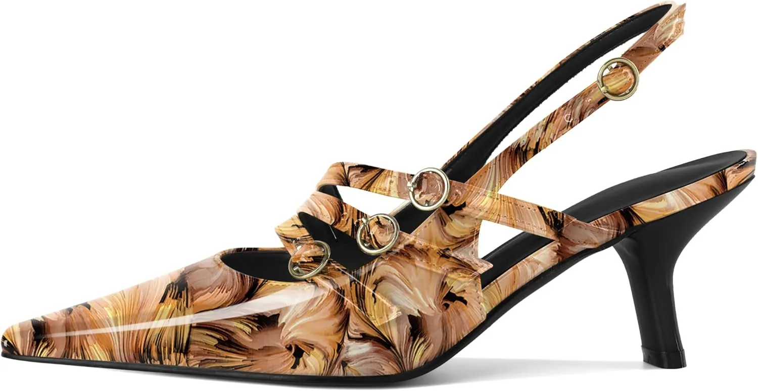 Zamikoo Slingback Heels for Women Buckle Strap Pointed Toe Chunky Block Low Heel Pumps Shoes Dressy 2.5 Inches