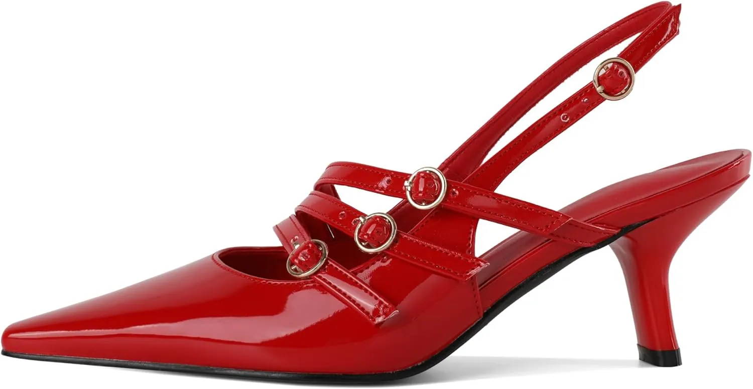 Zamikoo Slingback Heels for Women Buckle Strap Pointed Toe Chunky Block Low Heel Pumps Shoes Dressy 2.5 Inches