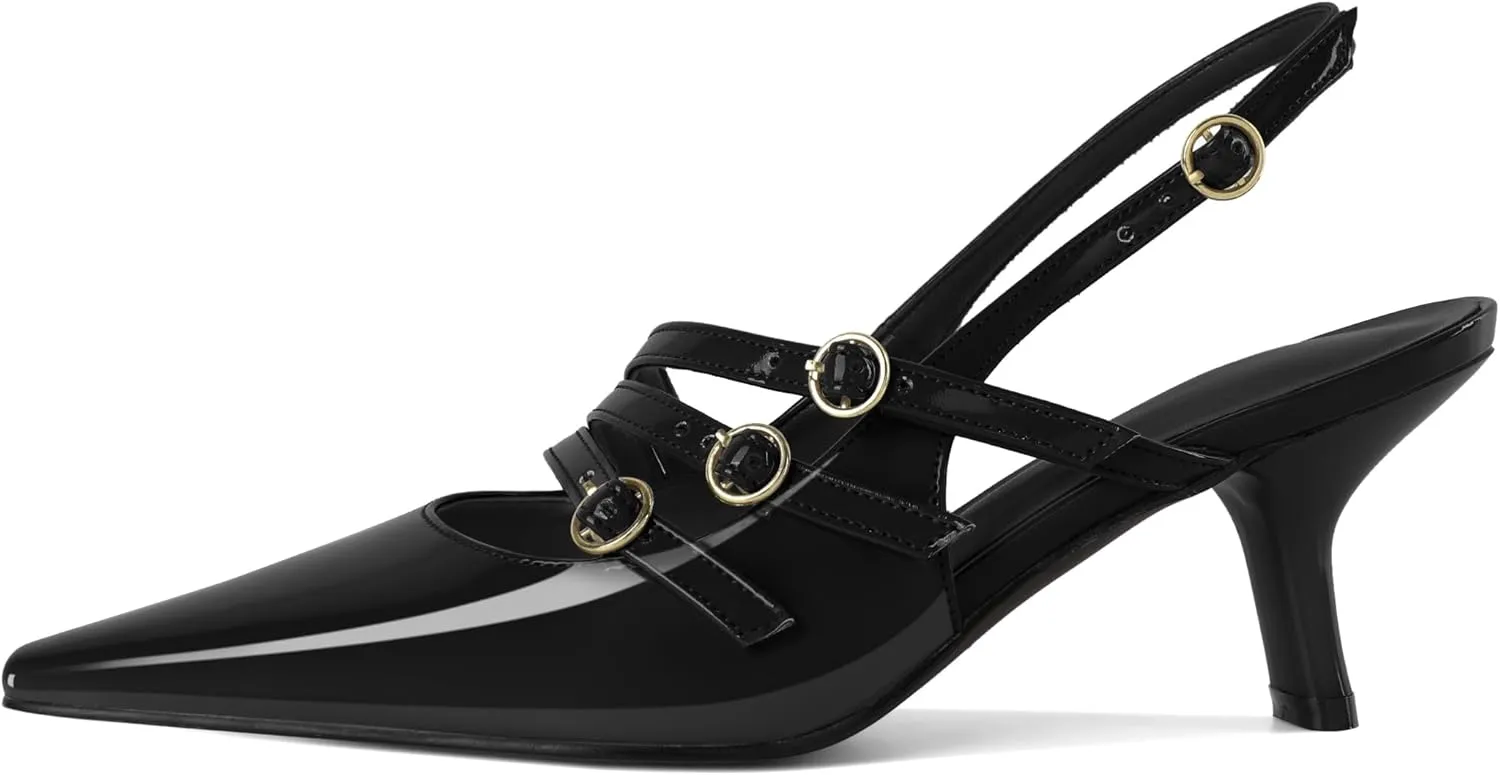 Zamikoo Slingback Heels for Women Buckle Strap Pointed Toe Chunky Block Low Heel Pumps Shoes Dressy 2.5 Inches